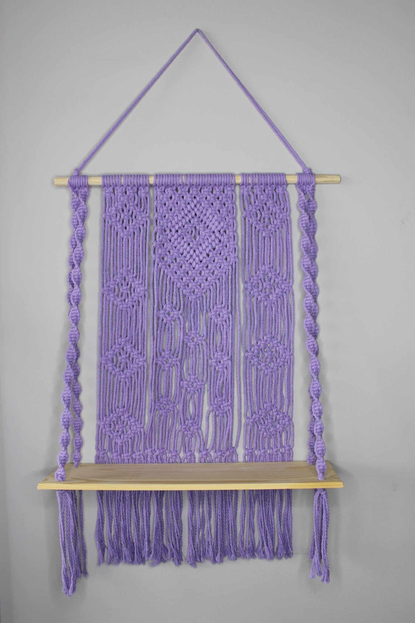 Macrame Wall Hanging Shelf, Handmade Indoor Boho Pot Basket Hanger Holder, Rope Plant Hanger for Wall Decor (Lilac)
