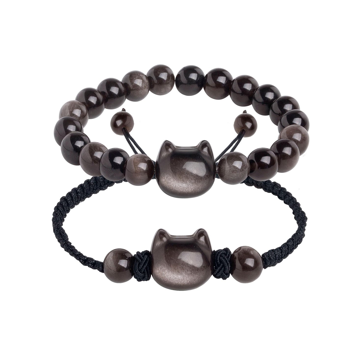 Black Obsidian Cat Bracelet and Moon Pendant Necklace Jewelry Set-Cat Lover Gifts,Wealth Attraction,Good Luck,Bead Bracelet,Mindfulness,Beaded Bracelets, Obsidian Pendant Necklace-Cute Gifts for Women (Black-Bead Cat Face-Strand Cat Face)