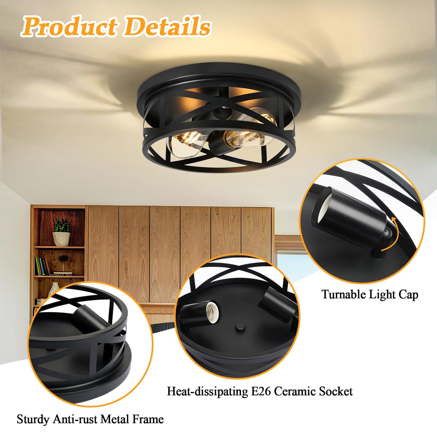 Elekeed 2-Light Flush Mount Ceiling Light Fixture, Farmhouse Ceiling Lights for Kitchen, Modern Black Close to Ceiling Light for Hallway Bedroom Balcony Porch Stairway, E26, (2 Pack)