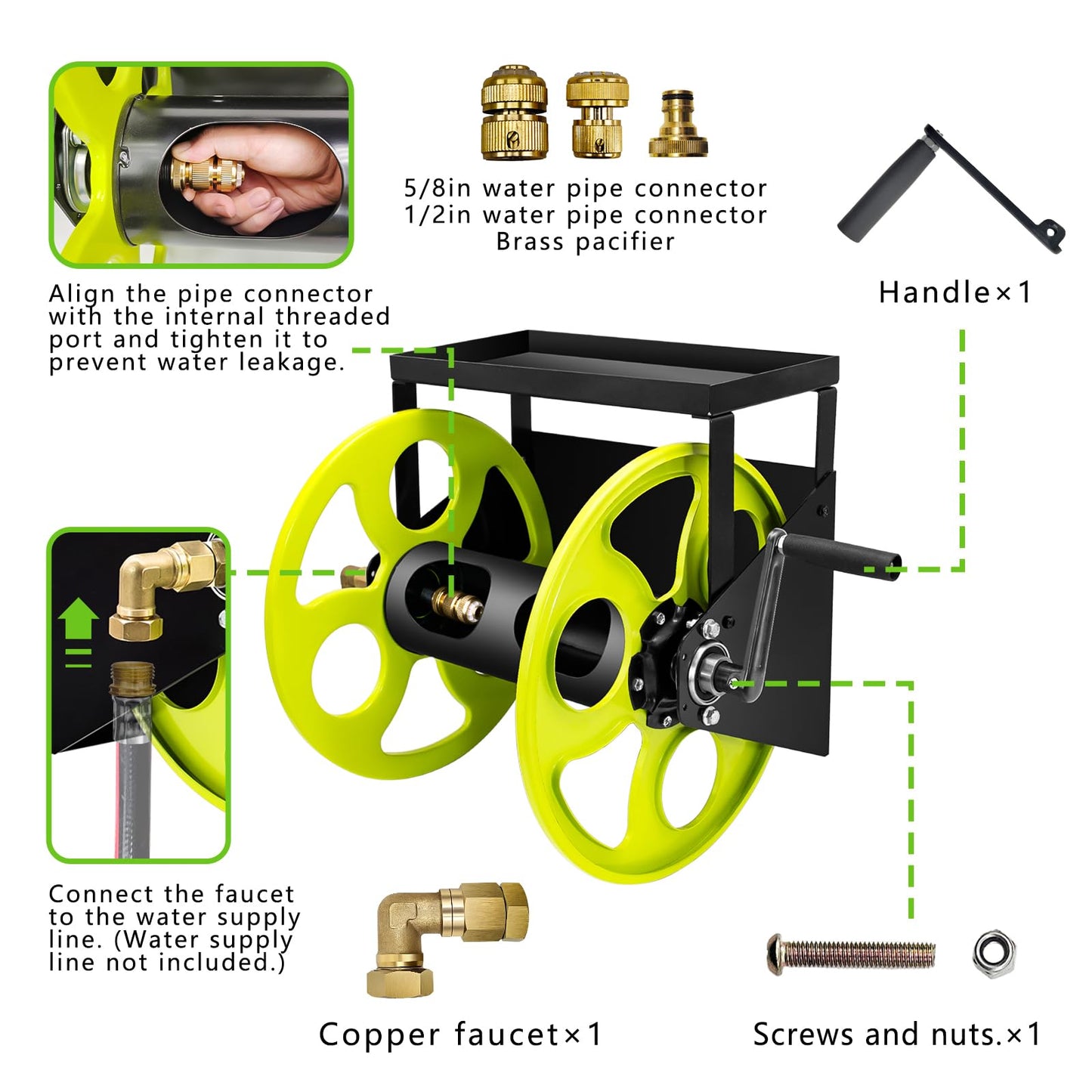 Stainless Steel Garden Hose Reel for 5/8" Hose Reel with Crank Handle Retractable ，Wall Mount Metal Hose Reel 3/4 in Brass Fitting ， Holds up to 120-FtHose with Storage Rack (Hose not included）