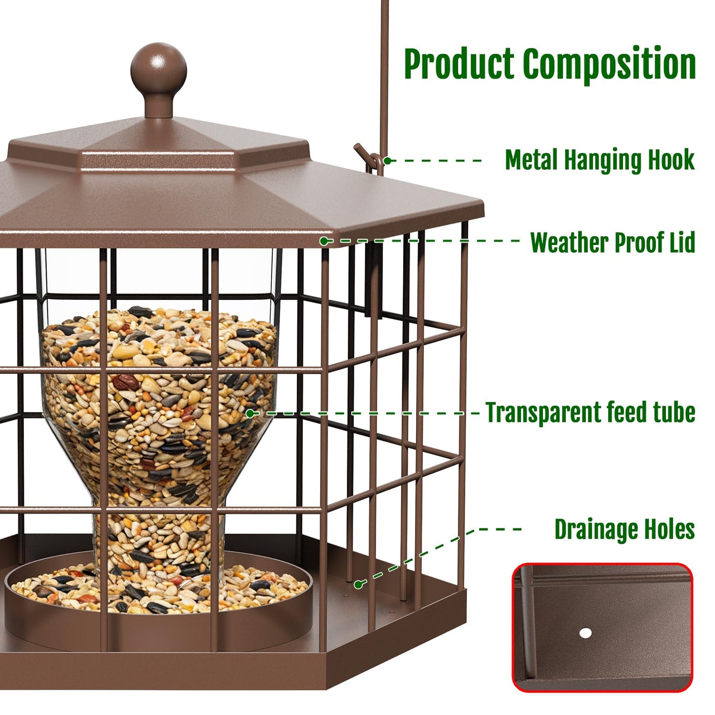 Birdream Squirrel Proof Bird Feeders for Outdoor Hanging, Metal Cage Bird Feeder with Rain Proof Covered for Wildbirds Bluebird Finches, Brown