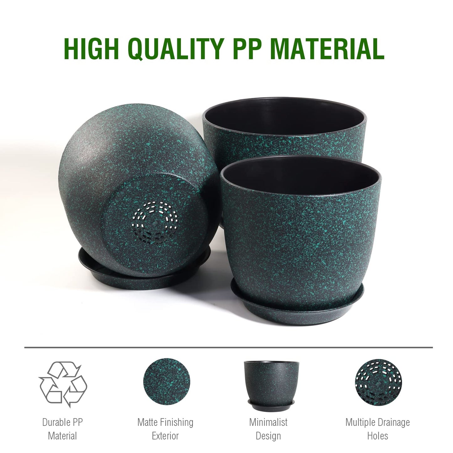 WOUSIWER Plant Pots 10/9/8 inch, Set of 3 Modern Decorative Plastic Planters with Drainage Holes and Saucers for House Plants Indoor Flowers Plants, Black with Green Speckles