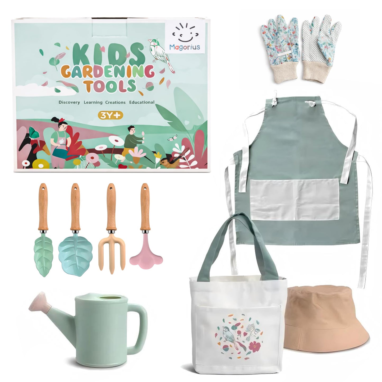 Magorius Kids Gardening Tools Set - 9 Piece Real Metal Tools with Sturdy Wood Handles, Includes Washable Apron, Hat, Tote Bag and Watering Can - STEM Outdoor Learning Gift for Boys and Girls.