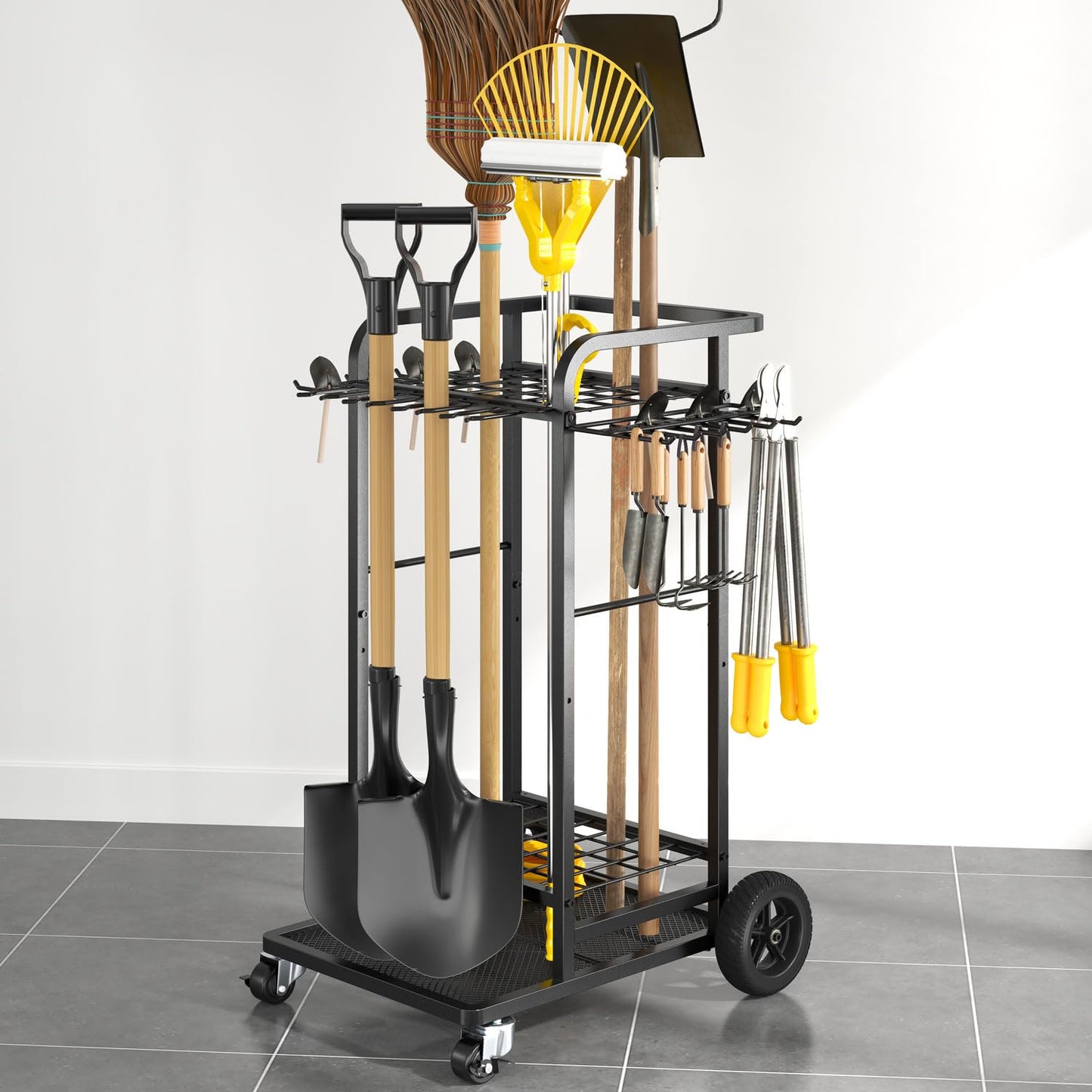 SOYEEZE Garden Tool Organizer with Large Wheels, Heavy Duty 3-Tier Yard Tower Tool Rack for Garage, Holds Up to 35 Long-Handled Tools, Garden Tool Cart with 12 Hooks for Tool Organization Storage