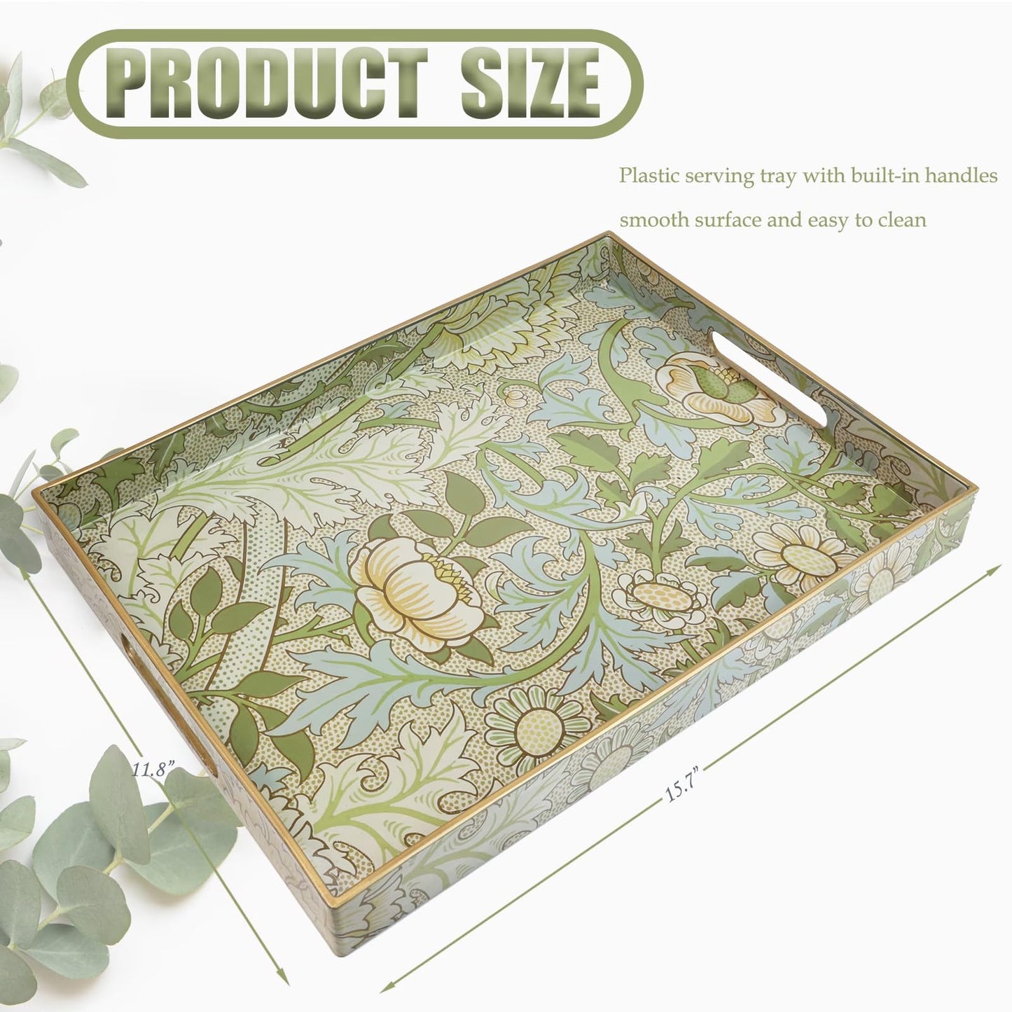 Spsyrine Serving Tray with Handles, Plastic Decorative Tray for Coffee Table, Living Room, Home Decor, Dianthus
