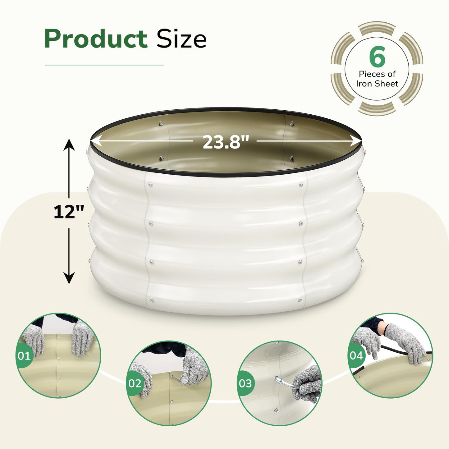 GreatBuddy 2x2x1 ft Round Galvanized Raised Garden Bed, Easy-Assembly Raised Bed with Anti-Cut Gloves & Tools, Rust-Proof Garden Bed for Outdoor, Vegetables, Herbs, Small Trees, White