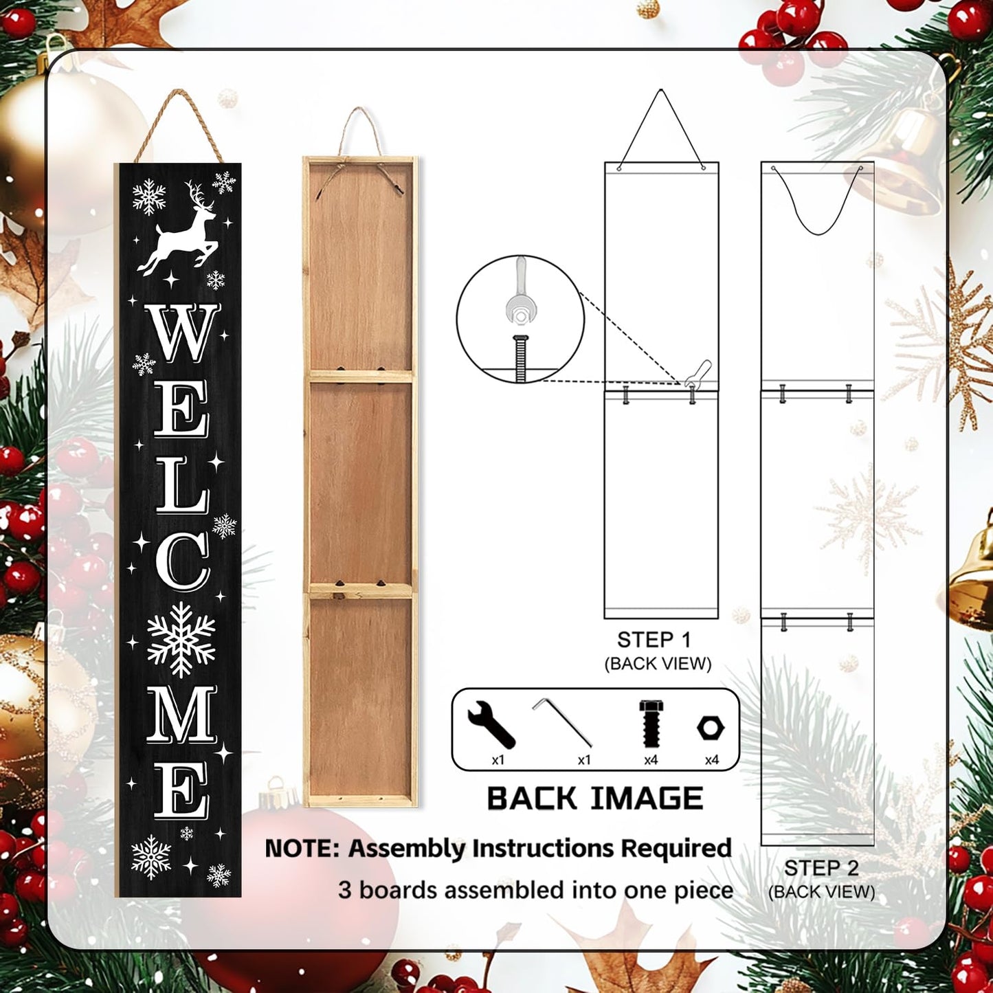 Christmas Wooden Porch Sign 47" Elk Large Welcome Sign for Winter Home Decoration Front Door Yard Xmas Party Decor