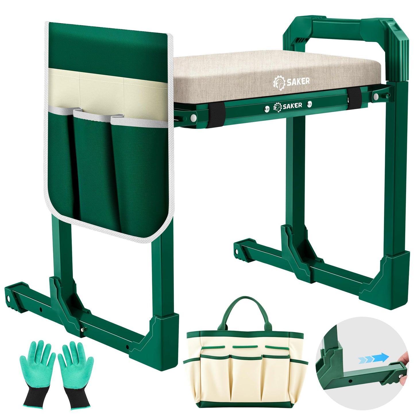 Saker Garden Kneeler and Seat Foldable Gardening Stool with Extendable Legs & Thickened Pad, Tool/Storage Bag, Heavy Duty 500lbs Support for Elderly, Gardening, Outdoor Use