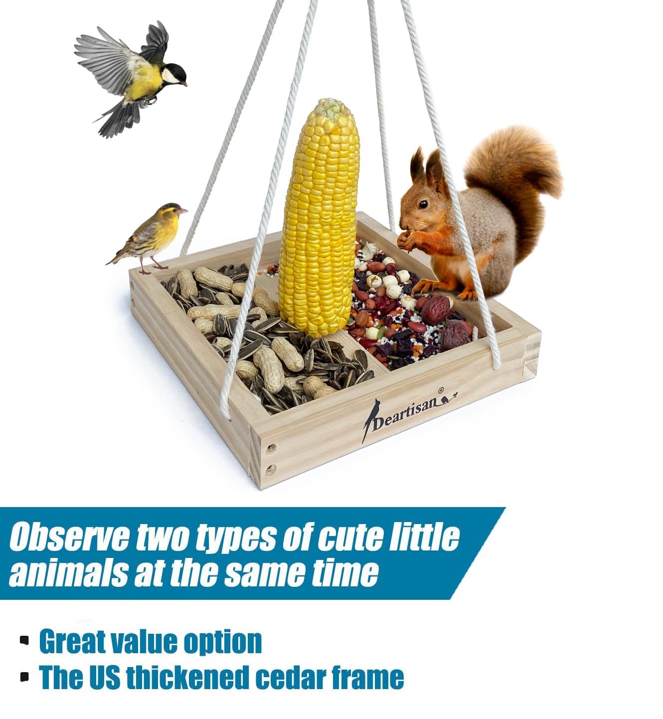Platform Squirrel & Bird Feeders, Quality Cedar Made Wood Tray Garden Hanging Animal for Yard Outside Decoration Attrcting for Wild Birds