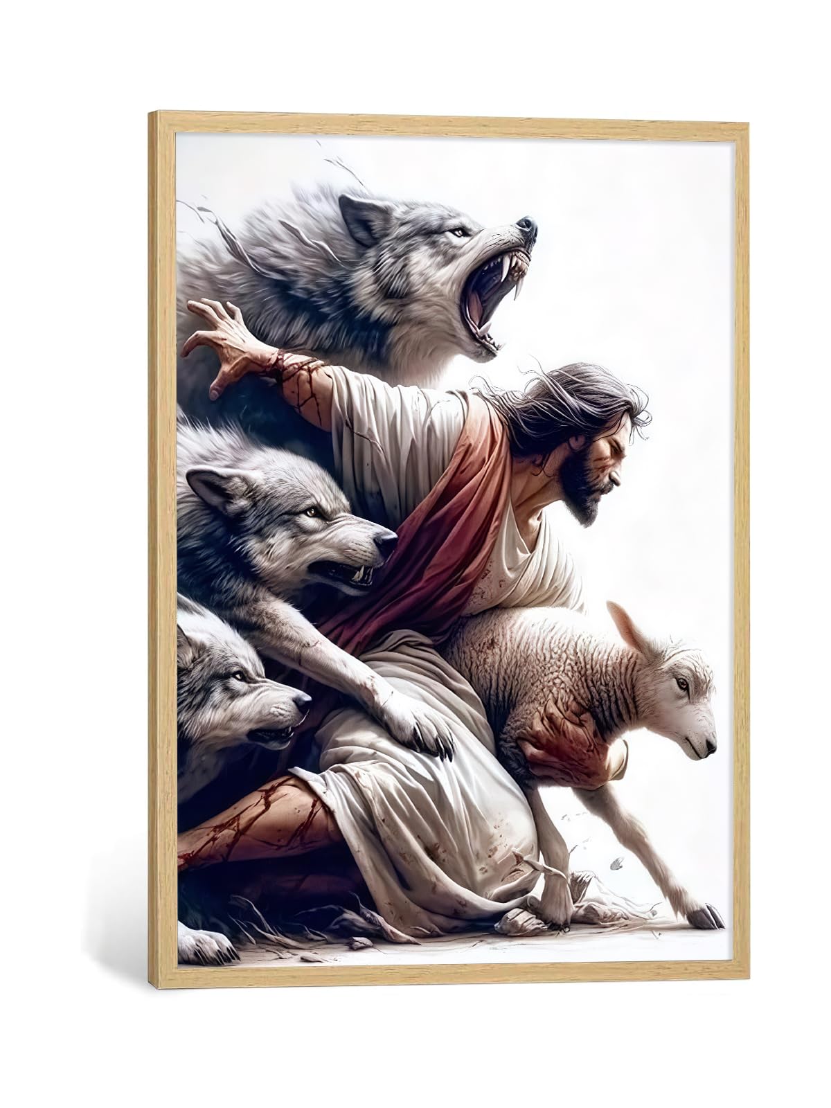 BIBLSPACE Jesus Wall Art Religious Wall Decor Christian Posters for Wall Pictures of Jesus Saves the Lost Lambs Canvas Wall Art for Living Room Bedroom Christian Wolf Art Framed 12x16 Inch