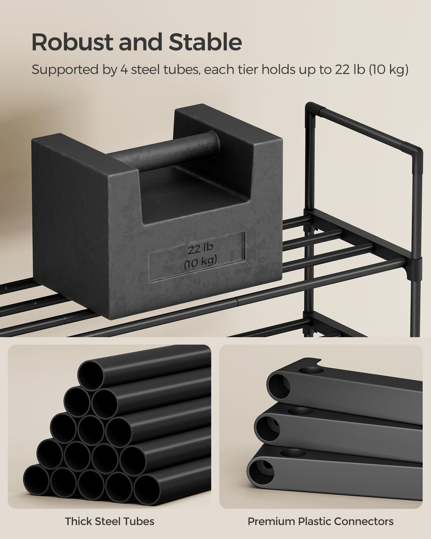 SONGMICS Shoe Rack, 4-Tier Shoe Organizer, Metal Storage Shelf, Upright or Upside Down, for 20-25 Pairs, Stackable, for Entryway, 11.8 x 36.2 x 29.1 Inches, Black ULSA14BK