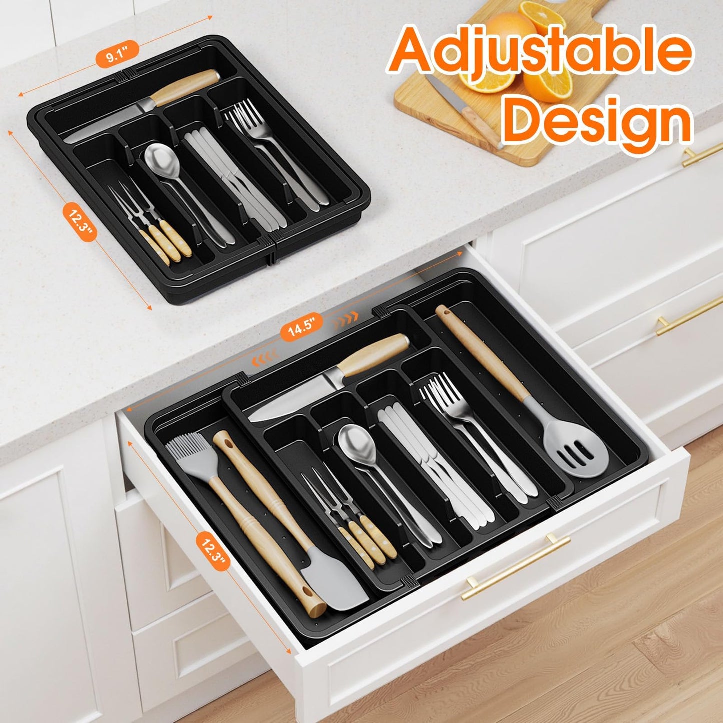 SpaceHacks Silverware Organizer，Adjustable & Expandable Utensil Drawer Organizer, BPA Free Utensil Holder, Cutlery Tray for Forks, Spoons, Knives in Kitchen, Medium, Black