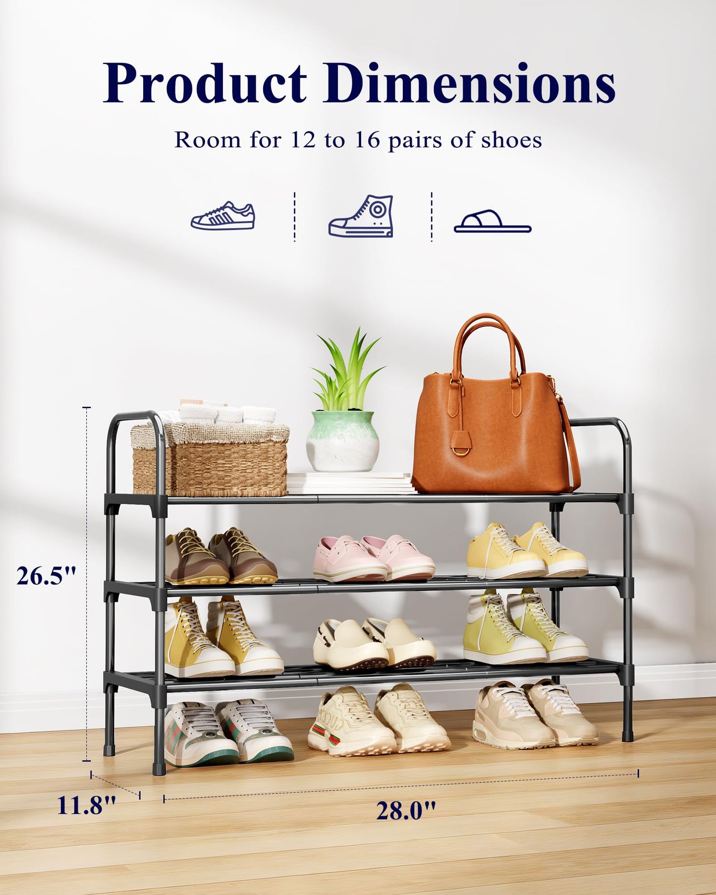 Kitsure Shoe Rack - 3-Tier Space-Saving Shoe Organizer & Shoe Shelf with Handle, Easy Assembly, Sturdy Metal Shoe Rack for Closet, Entryway, Bedroom, 28.0" x 11.8" x 25.6", Black