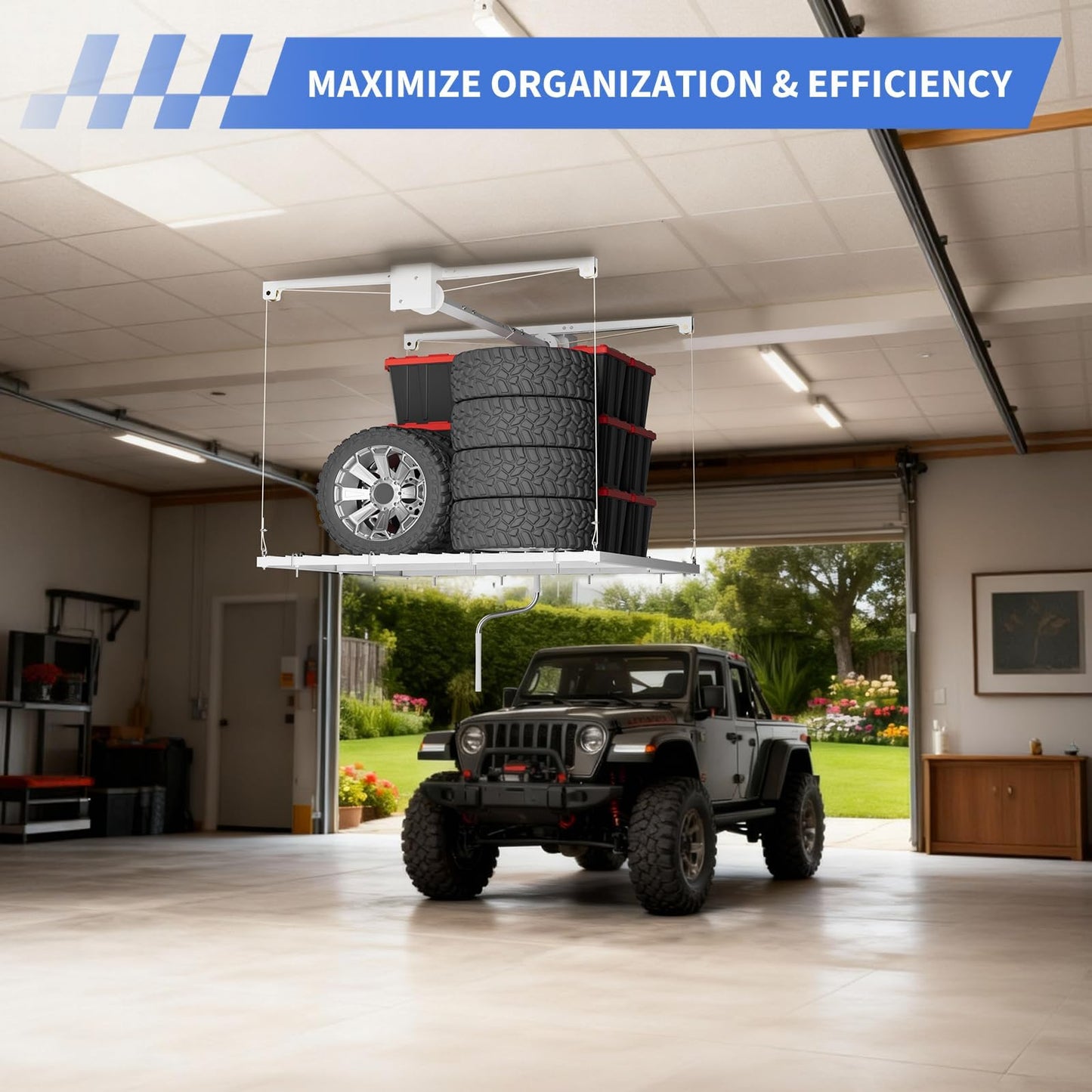 Patikuin Garage Ceiling Storage Rack,Storage Elevator for Garage,4x4 ft Overhead Lift Storage with 350 Lb Capacity,Smooth Crank System, Space-Saving Design for Garage Organization