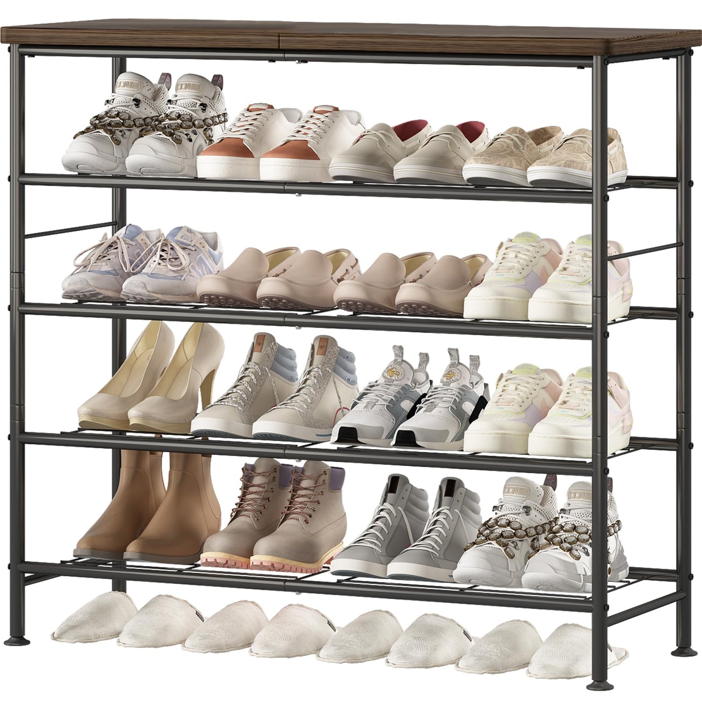 SUOERNUO Shoe Rack Organizer 5 Tier for Closet Entryway Free Standing Metal Storage Shoe Shelf with MDF Top Board，Black+Rustic Brown