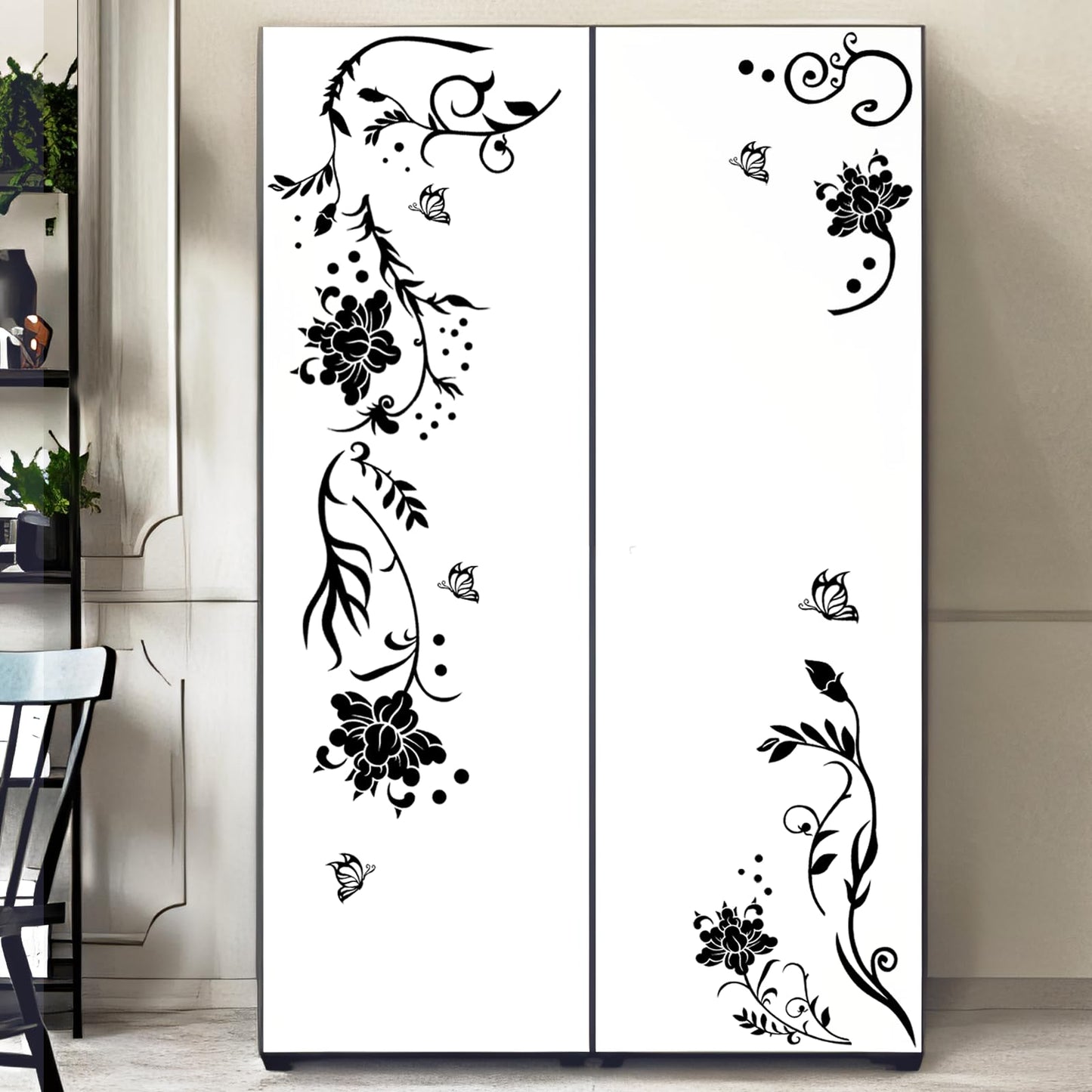 Supzone Flowers & Butterflies Wall Decals - DIY Black & Floral Wall Stickers for Bedrooms & Living Rooms