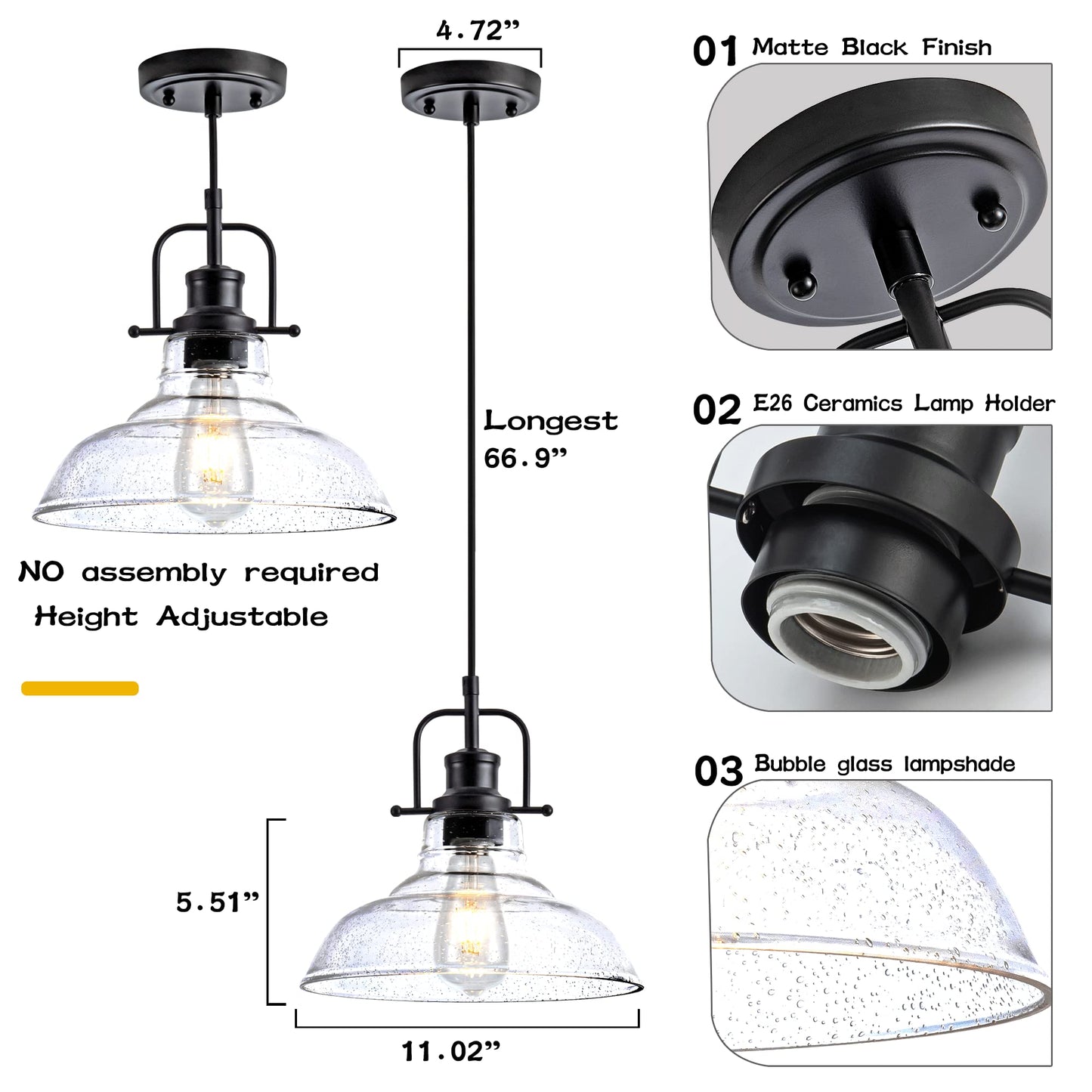 Zlepmlla Glass Pendant Light，Black Pendant Light Fixtures with Seeded Glass Shade, Adjustable Height Hanging Lights for Hallway, Kitchen Island, Dinning Room（Bulb not Included）