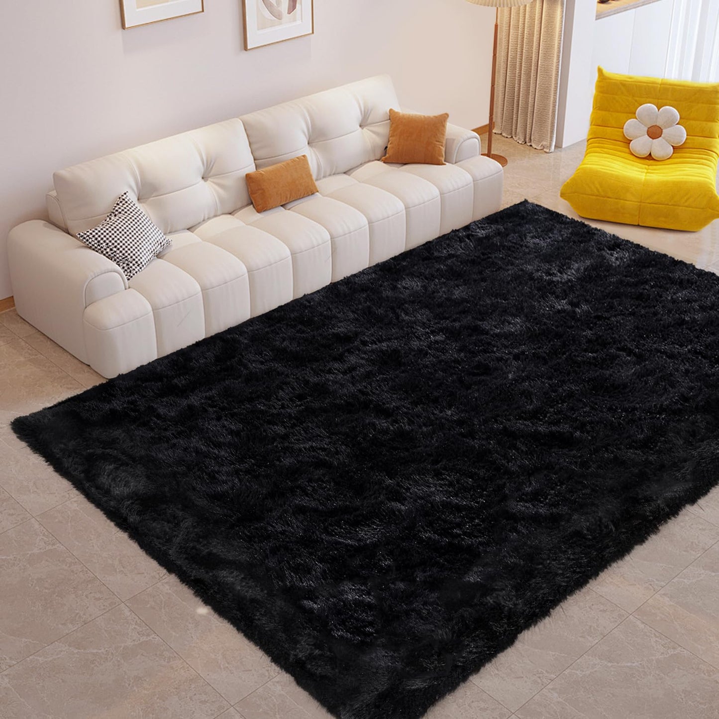 FinRèc Soft Black Area Rugs for Bedroom Living Room, 4x6 Feet Modern Indoor Fluffy Shaggy Rug, Non-Slip Fuzzy Furry Rug for Nursery Kids Room Dorm Room Home Decor, High Pile Plush Floor Carpet