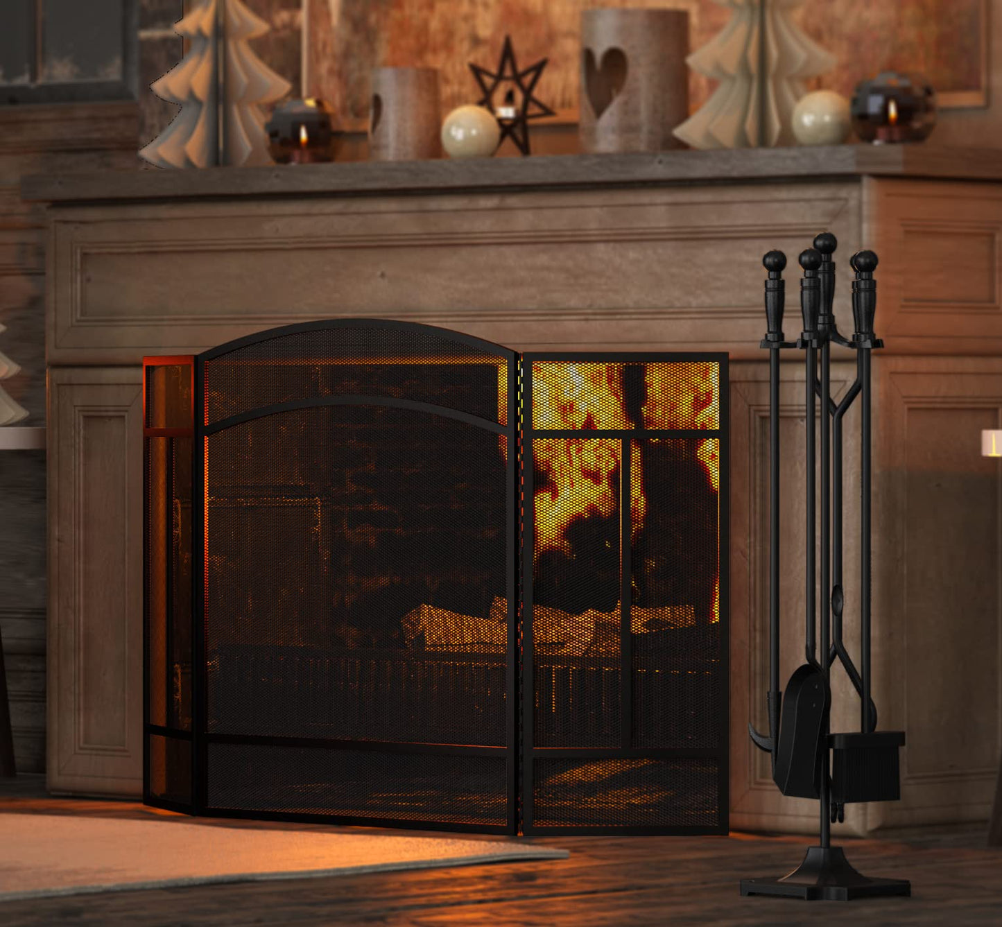 Fire Beauty Fireplace Screen 3 Panel Wrought Iron 48"(L) x 29"(H) Spark Guard Cover(Black)