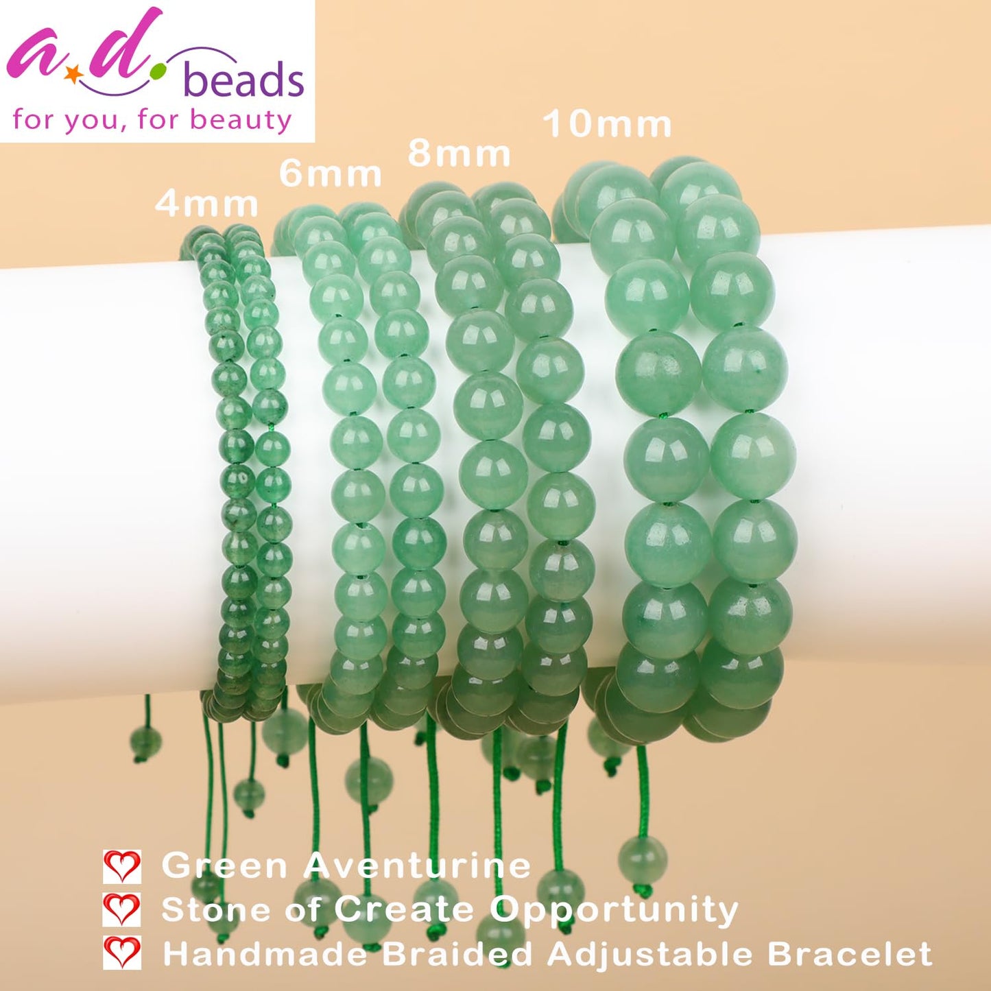 AD Beads 8mm Green Aventurine Bracelet - Stone of Create Opportunity - Handmade Natural Stone Crystal Bracelet with Adjustable Macrame String - Yoga Healing Power Energy Gifts for Men and Women