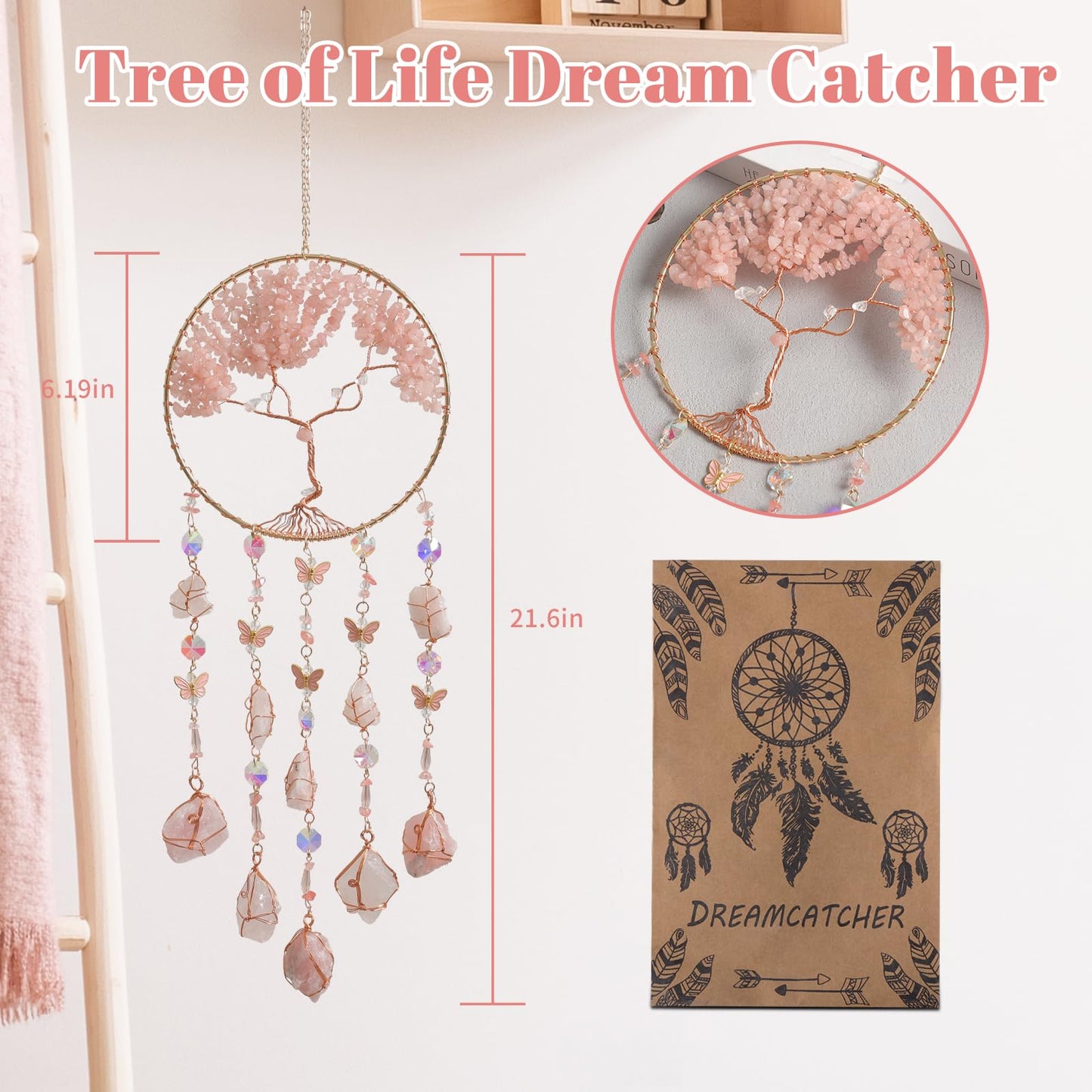 Pink Dream Catchers Crystal Tree of Life Dreamcatcher with Rose Quartz Butterfly Crystal Suncatcher for Windows Hangings Prism Decor Wall Bedroom Decoration Gifts for Boys Adults