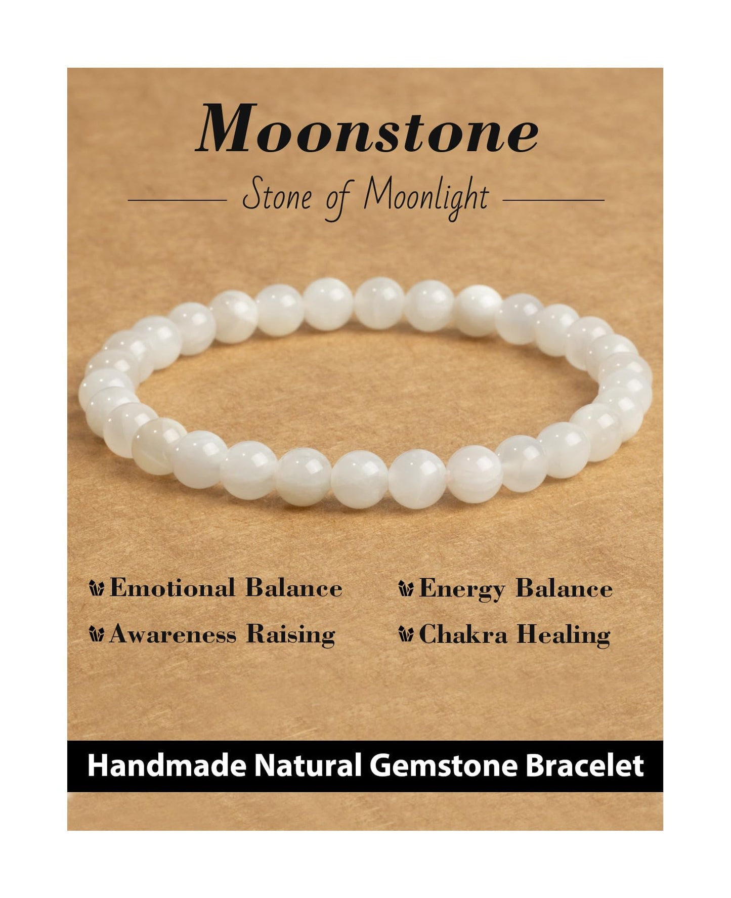 Landorilo Beaded Bracelet for Men Women, 6mm Natural Stone Moonstone Healing Crystal Stretch Bracelets, Ideal Christmas Birthday Jewelry Gifts with Energy Card，Replacement Beads Included