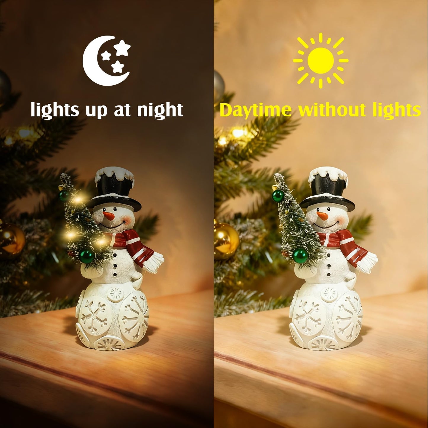 LFLKPY Snowman Christmas Decorations Set of 2 with LED Lights, Resin Light Up Snowman Figurines with Tree & Wreath, Battery Operated Holiday Tabletop Decor for Xmas Home, Mantel, Shelf, Gift