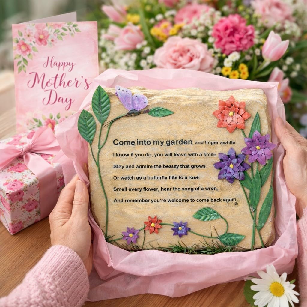 BANBERRY DESIGNS Garden Décor Decorative Rock – “Come Into My Garden” Engraved Stone with Butterfly & Floral Design – Outdoor Garden Decoration, Memorial Garden Accent, Yard Art – 9.5" x 8.5"