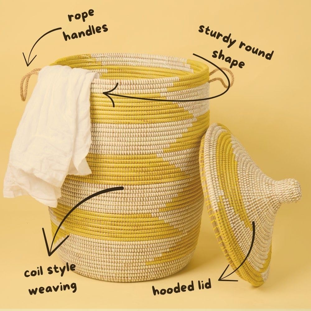 Large Wicker Basket, Yellow and White, 18 Inch Wide, 23 Inch Tall