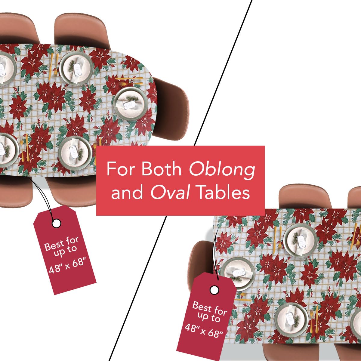 Covers For The Home Deluxe Elastic Edged Flannel Backed Vinyl Fitted Table Cover - Christmas Flower Pattern - Round Oblong Oval - Fits Tables up to 48" W x 68" L