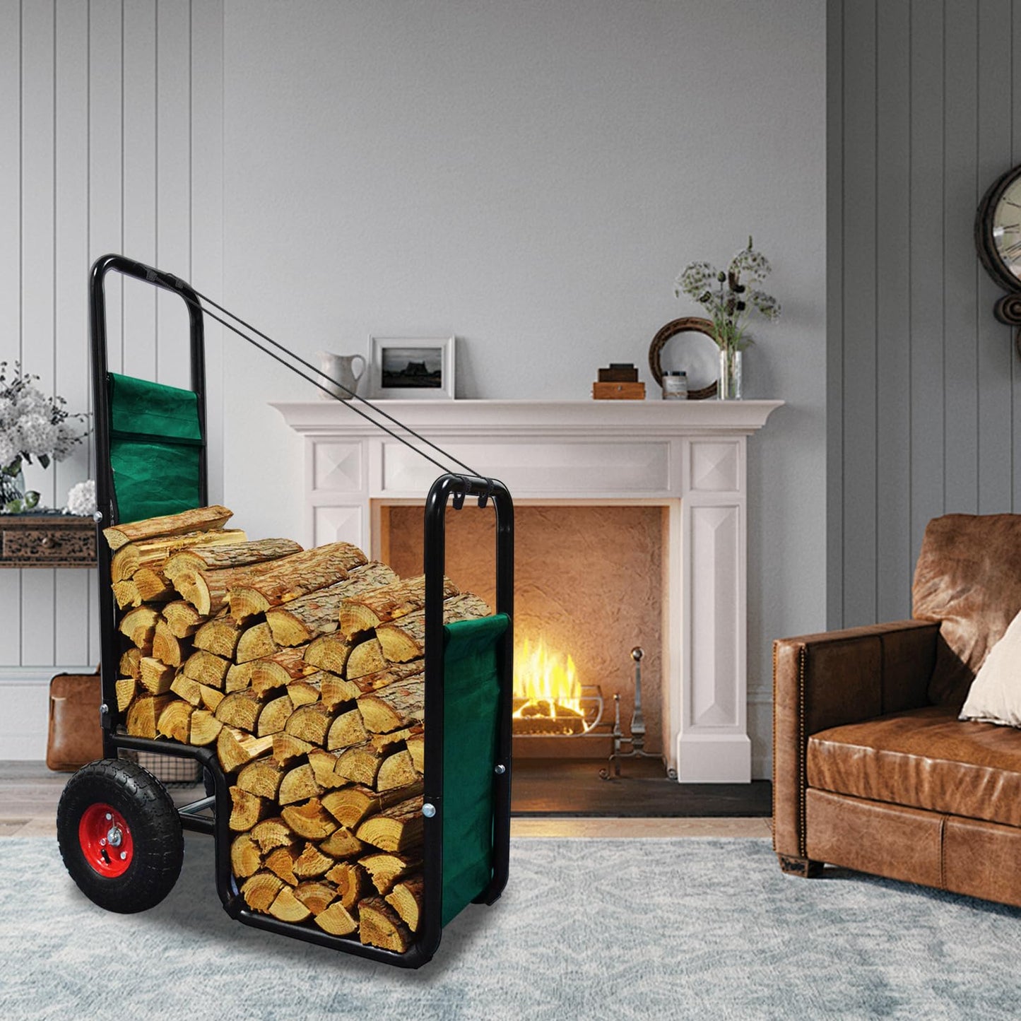 Doublehorse Firewood Cart with wheels: 27 x 20 x 44 in Large Heavy Duty Metal Waterproof Portable Storage Rack - for Outdoor Camping Backyard Fireplace Indoor Use For Women Men