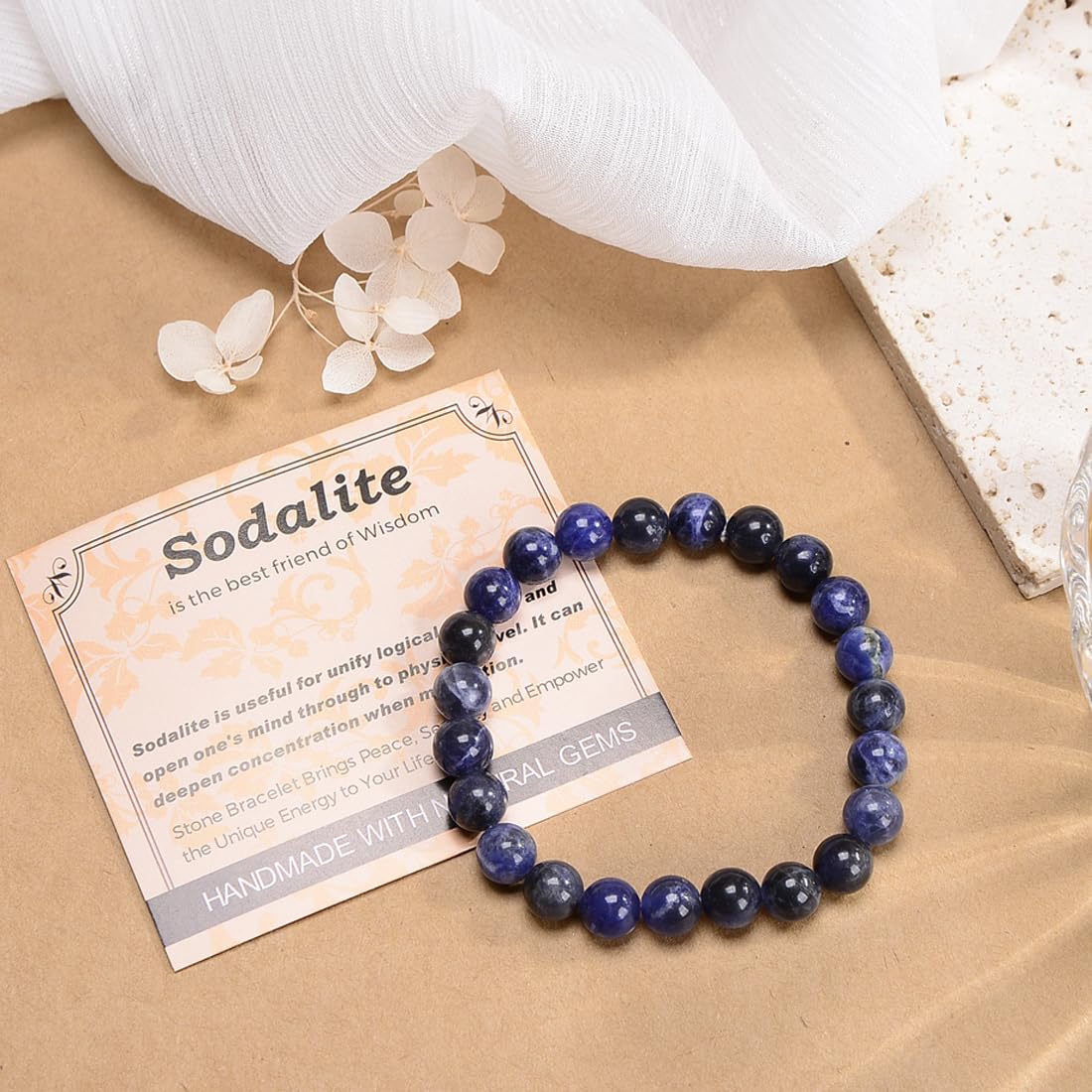 MASSIVE BEADS Blue Sodalite - Stone of Wisdom - Handmade Yoga Stretch Elastic Bracelet Natural Stone Crystal Healing Power Energy Gifts for Unisex Adult 8mm