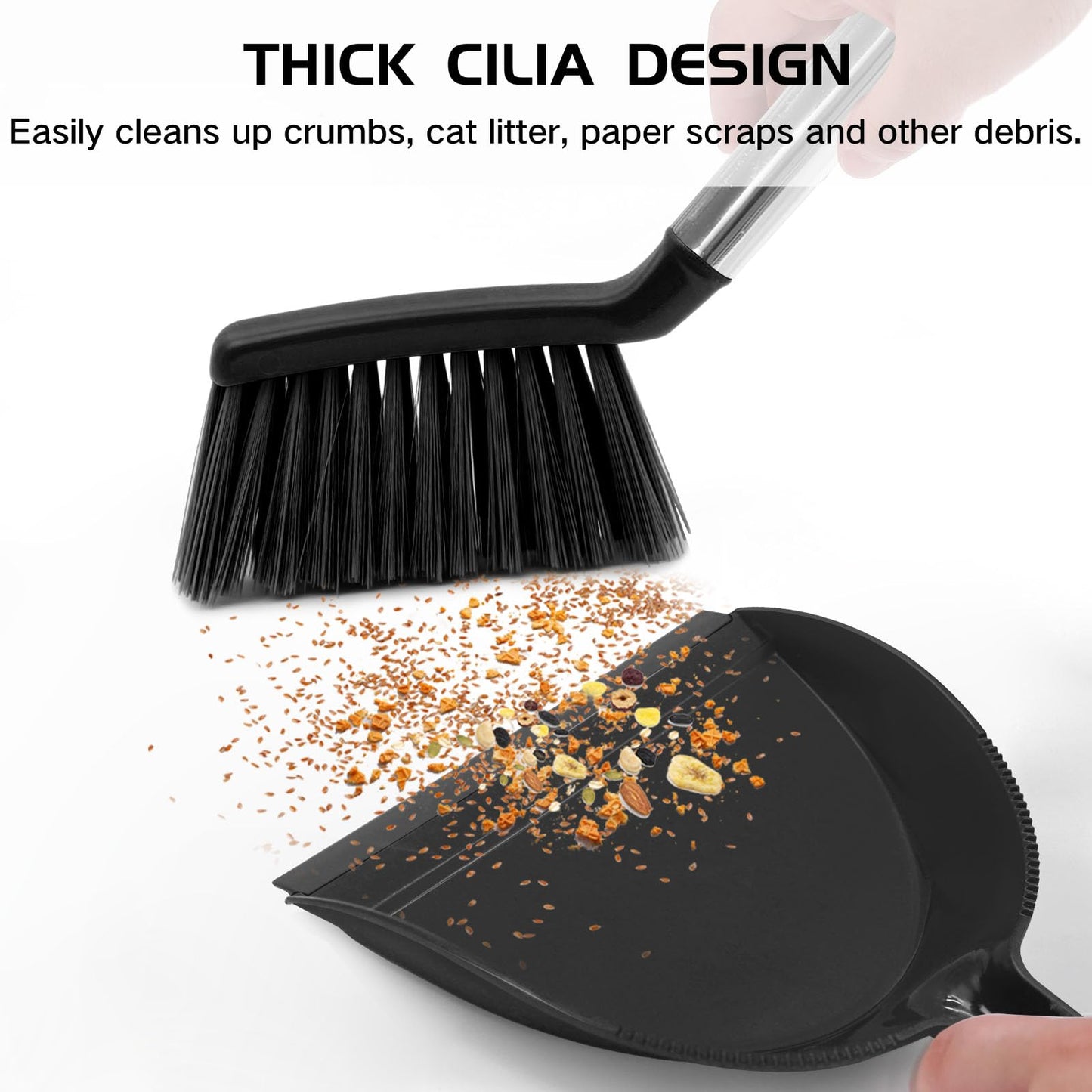 NACENA Mini Broom and Dustpan Set 2 Packs, Small Dust Pan and Brush Set with Handle Dustpan Teeth for Cleaning Hair Suitable for Office Desks Drawers Sofas Outdoor Camping, Black