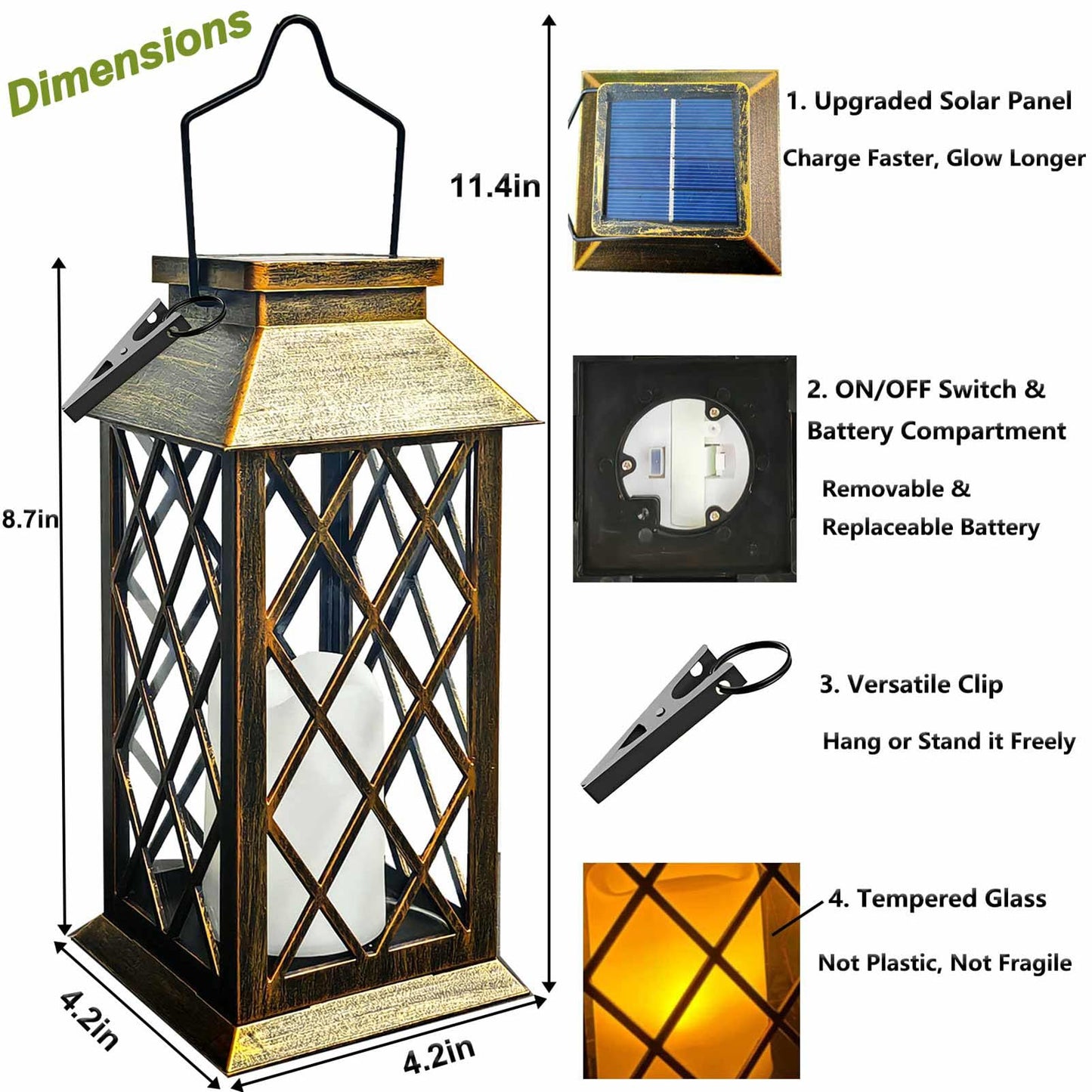 Cozymeow Solar Lanterns Outdoor Waterproof, Flickering Candles Hanging Solar Lights for Outside Garden Patio Wall Porch Decorative, Lamp with Upgraded Solar Panel, Tempered Glass & Clip, Bronze 2 Pack
