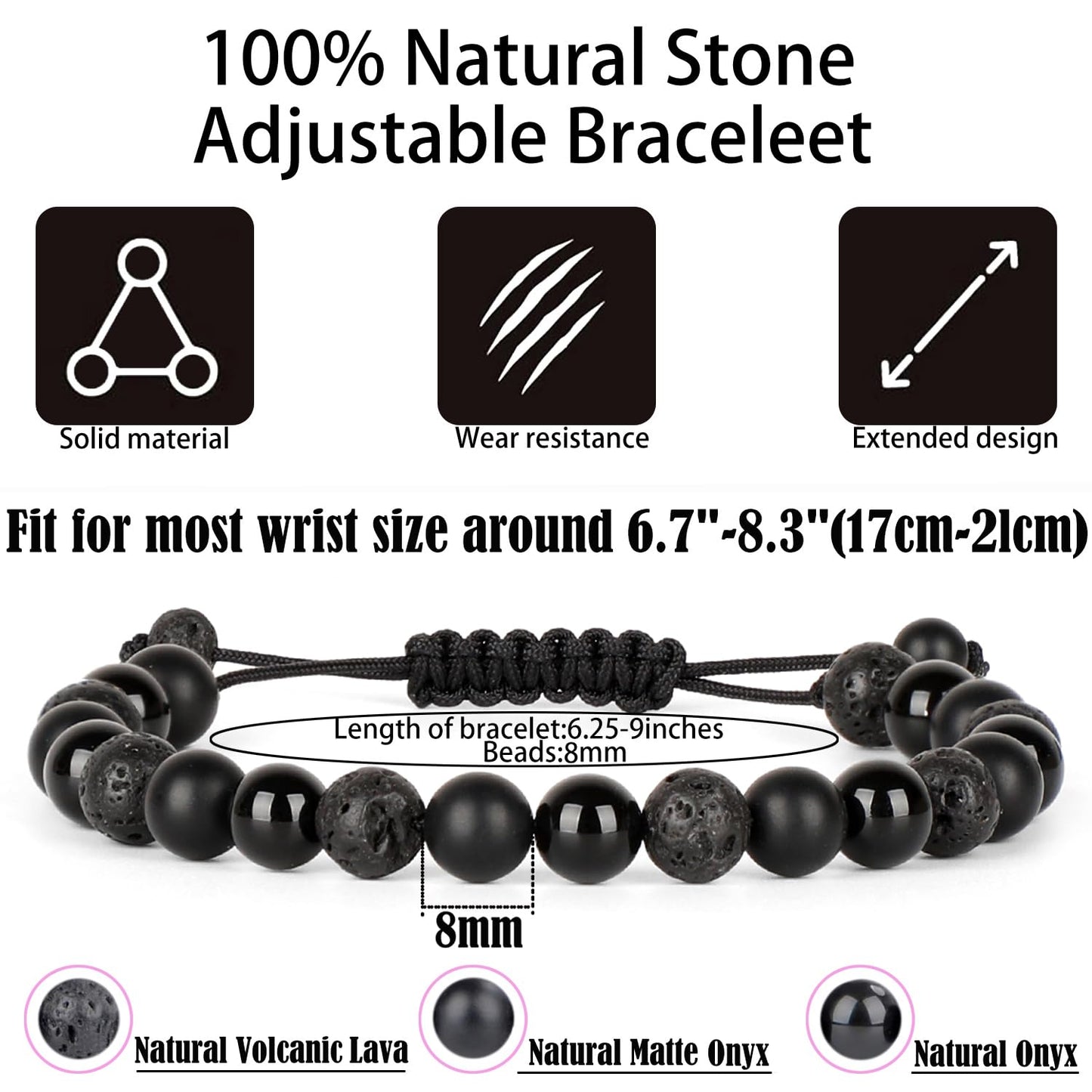 QOGIR Handmade Healing Bracelets,8mm Natural Black Onyx Black Lava Beaded Bracelet,for Men Women Gifts with 2PCS Size Adjustable Rope Bracelets