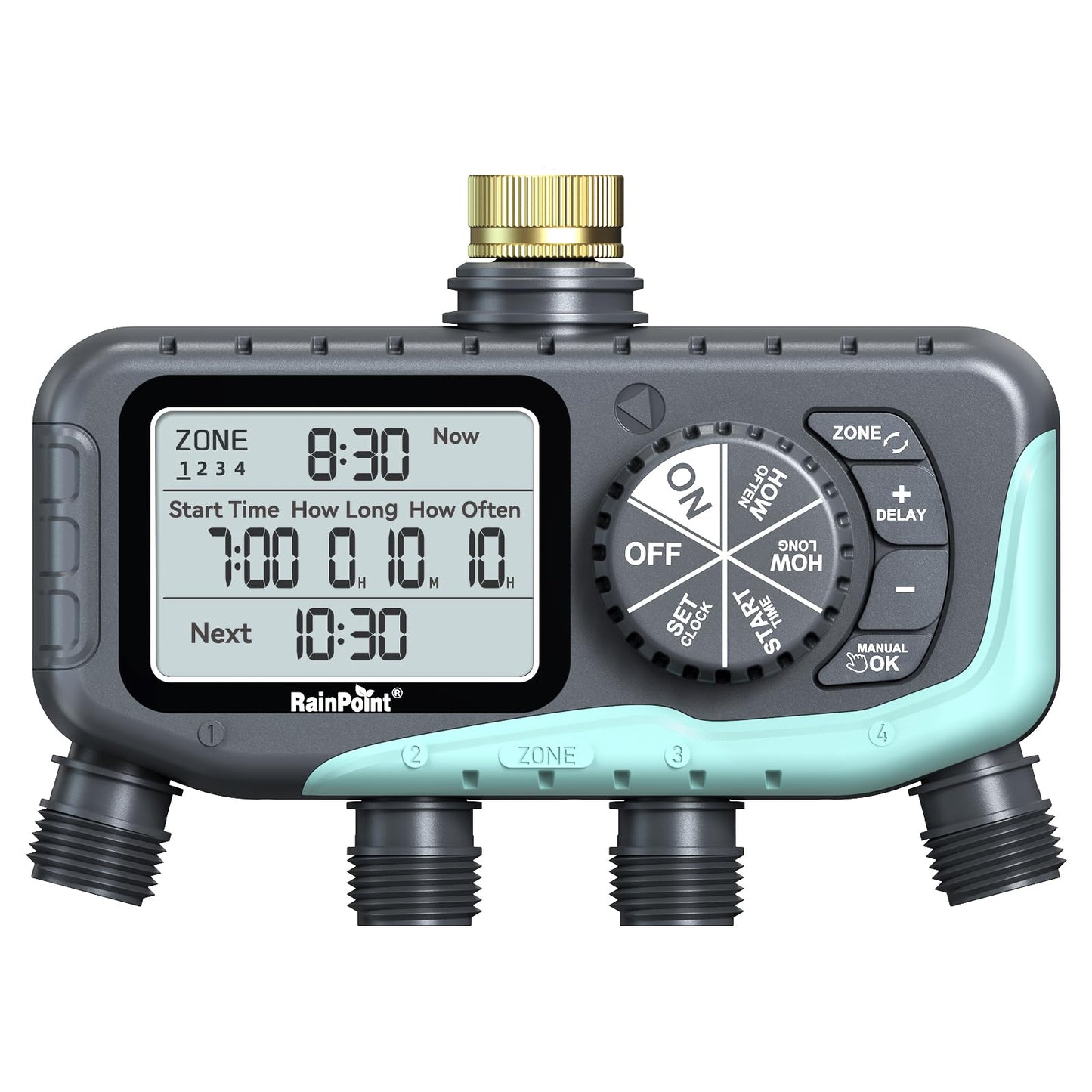 RAINPOINT Sprinkler Timer 4 Zone, Water Timer for Garden Hose, for Soaker Hose with Rain Delay/Manual/Automatic Watering System, Digital Irrigation for Yard, Lawn Brass Inlet