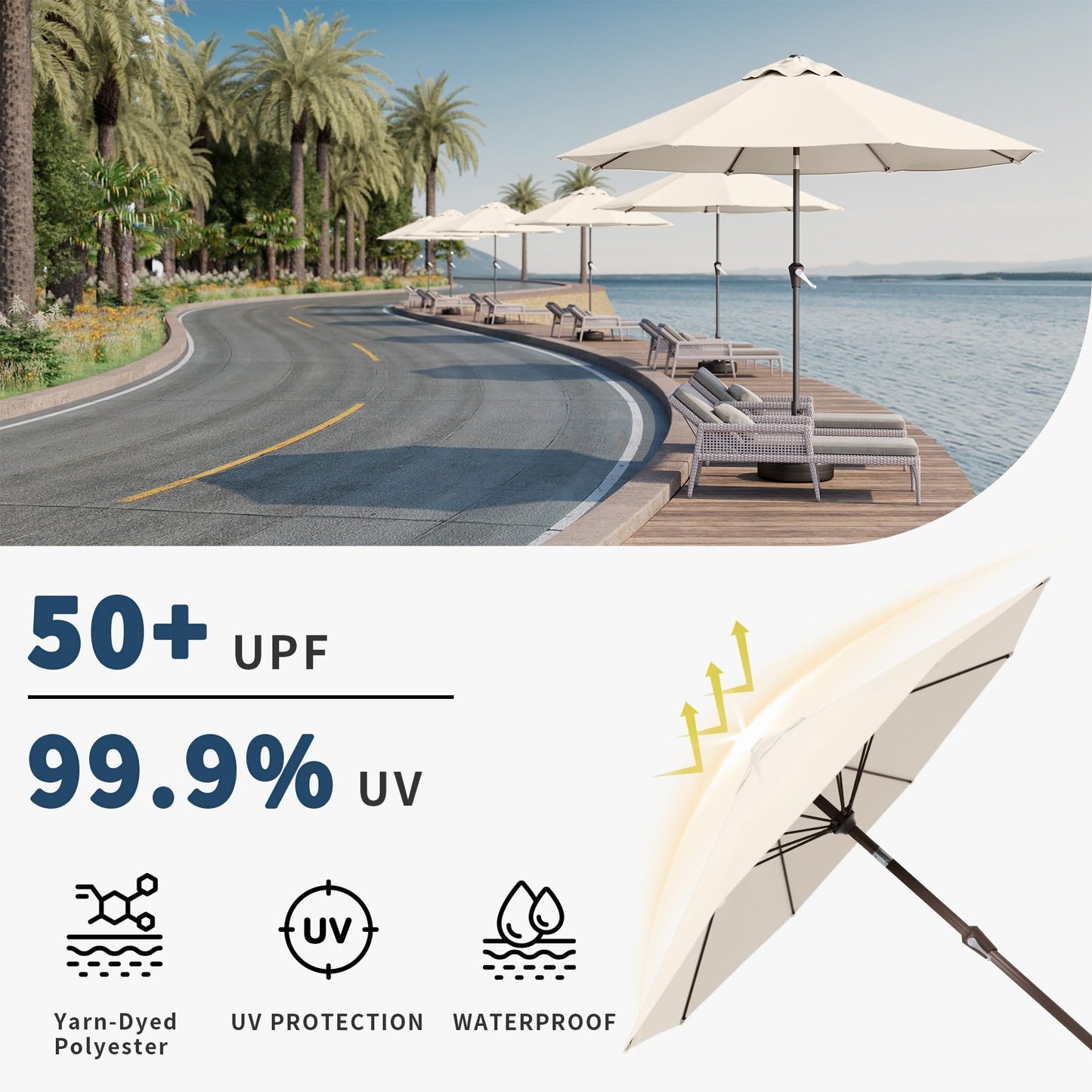 Patio Kingdom 9FT Patio Umbrella Outdoor Table Umbrella w/Push Button Tilt and Crank, 8 Sturdy Ribs, UV Resistant Waterproof Market Umbrella for Pool, Deck, Backyard, Garden, Creamy White