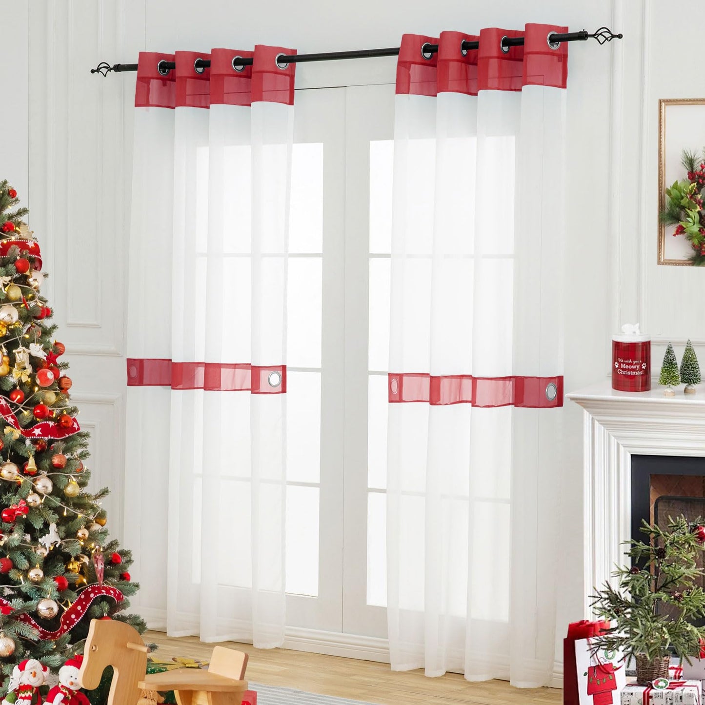 L.Z.E Red and White Sheer Curtains 84 Inches Long 2 Panels Set, Transparent Voile Window Drapes for Living Room & Dining Room with Classic Design, Elegant Grommet Curtain with Tieback