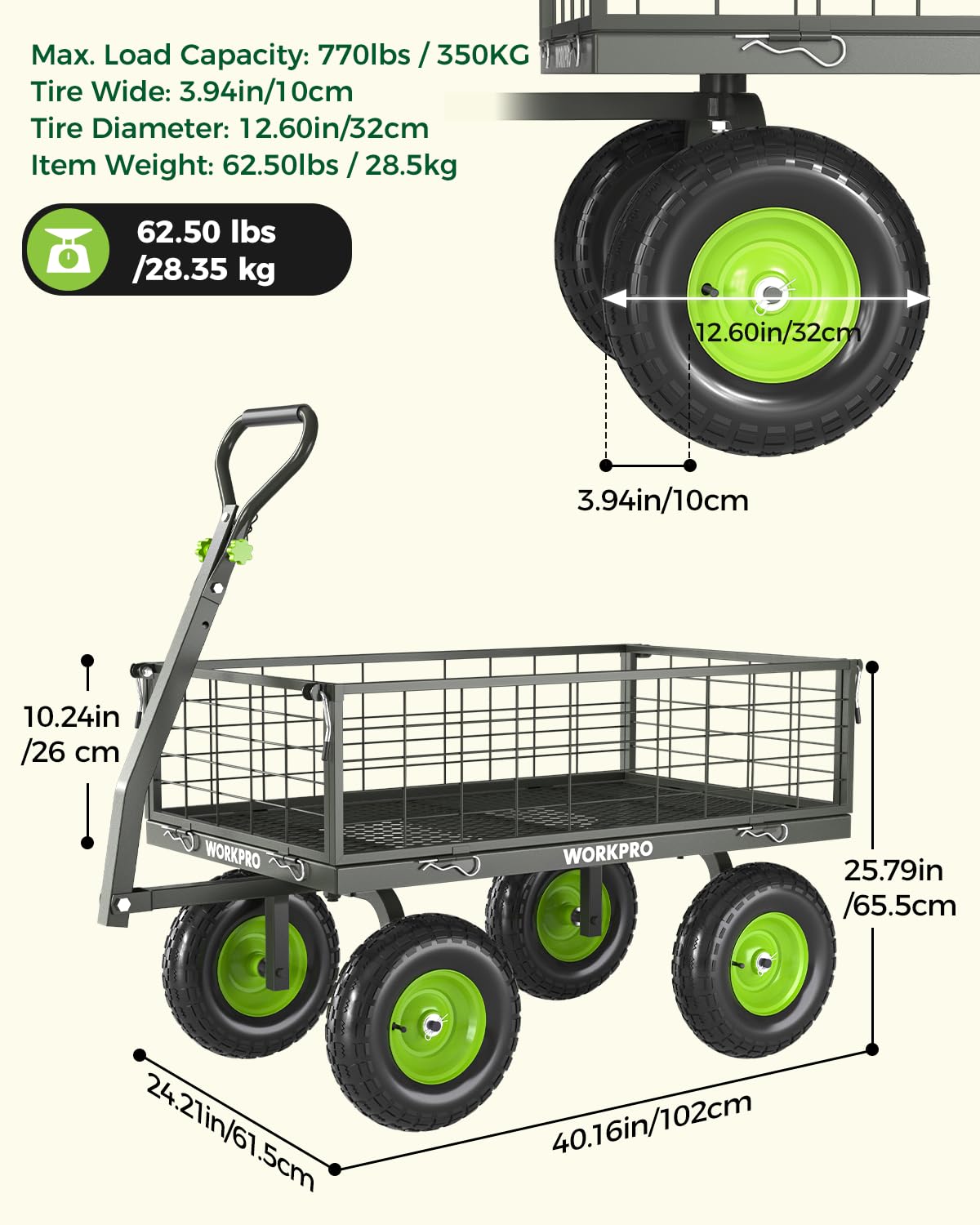 WORKPRO Large Heavy Duty Garden Cart 770 lb, 2-in-1 Convertible Utility Wagon with Removable Sides, 180° Tow Handle for ATV or Lawn Tractor, 270° Steering, Extra Large Yard Cart with All Terrain Tires