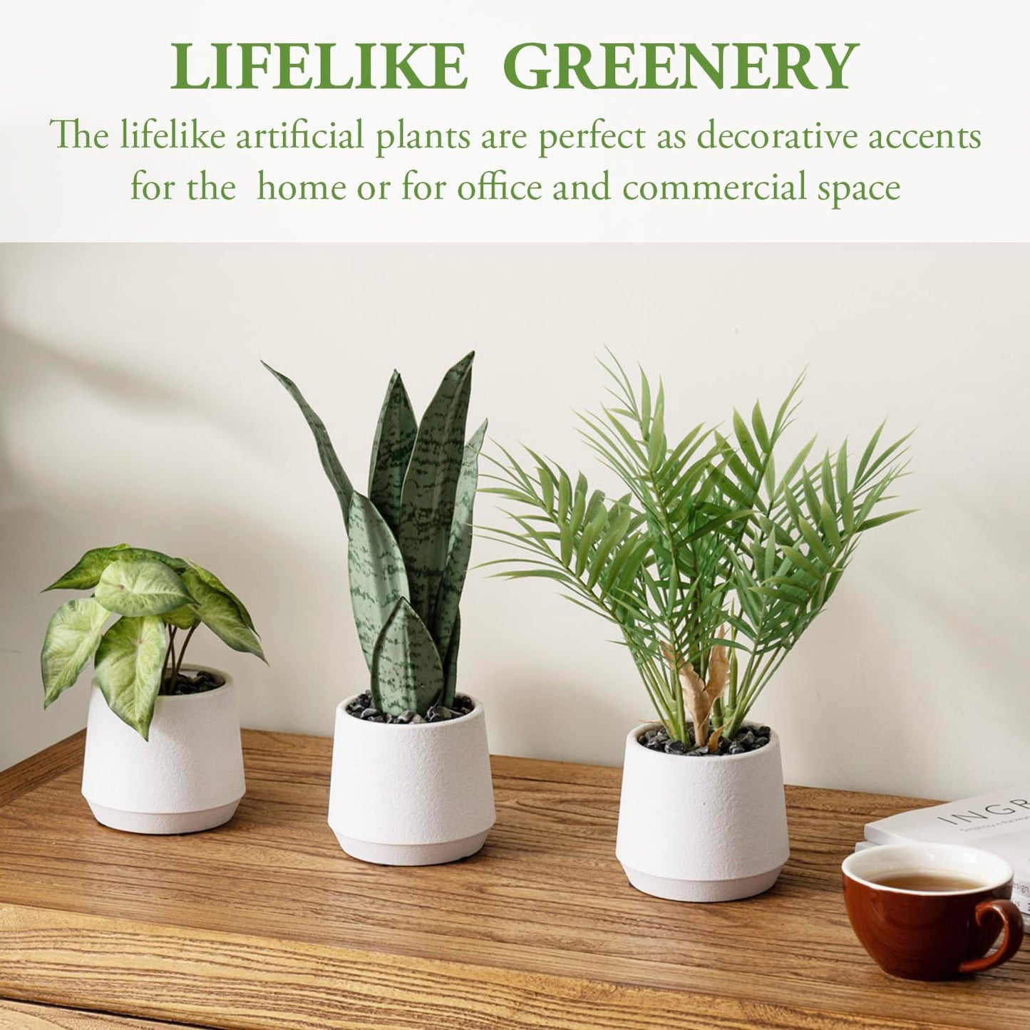 MyGift Modern Assorted Artificial Plants Potted in White Textured Planter Pots, 3 Piece Combo Set Tabletop Greenery House Plant Includes Faux Mini Palm, Arrowhead Vine, and Snake Plant