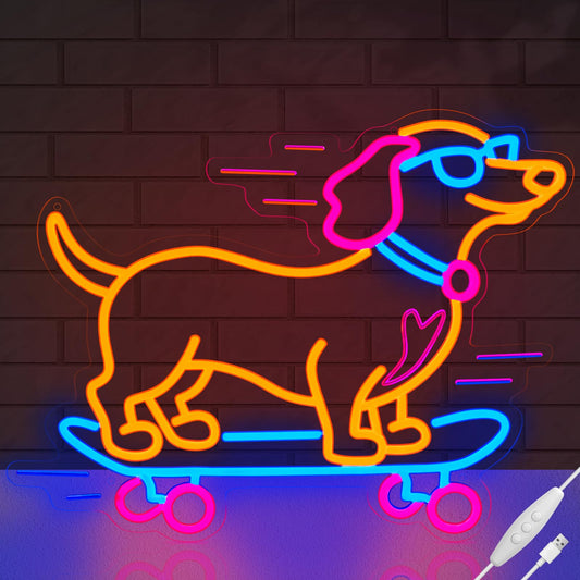 LMHSE Dachshund Skateboarding Neon Sign, Skateboard Dog Neon Signs for Wall Decor Cool LED Wall Art Decor, Dimmable Dog Lover Gift for Living Room, Bar, Shop, or Birthday Party