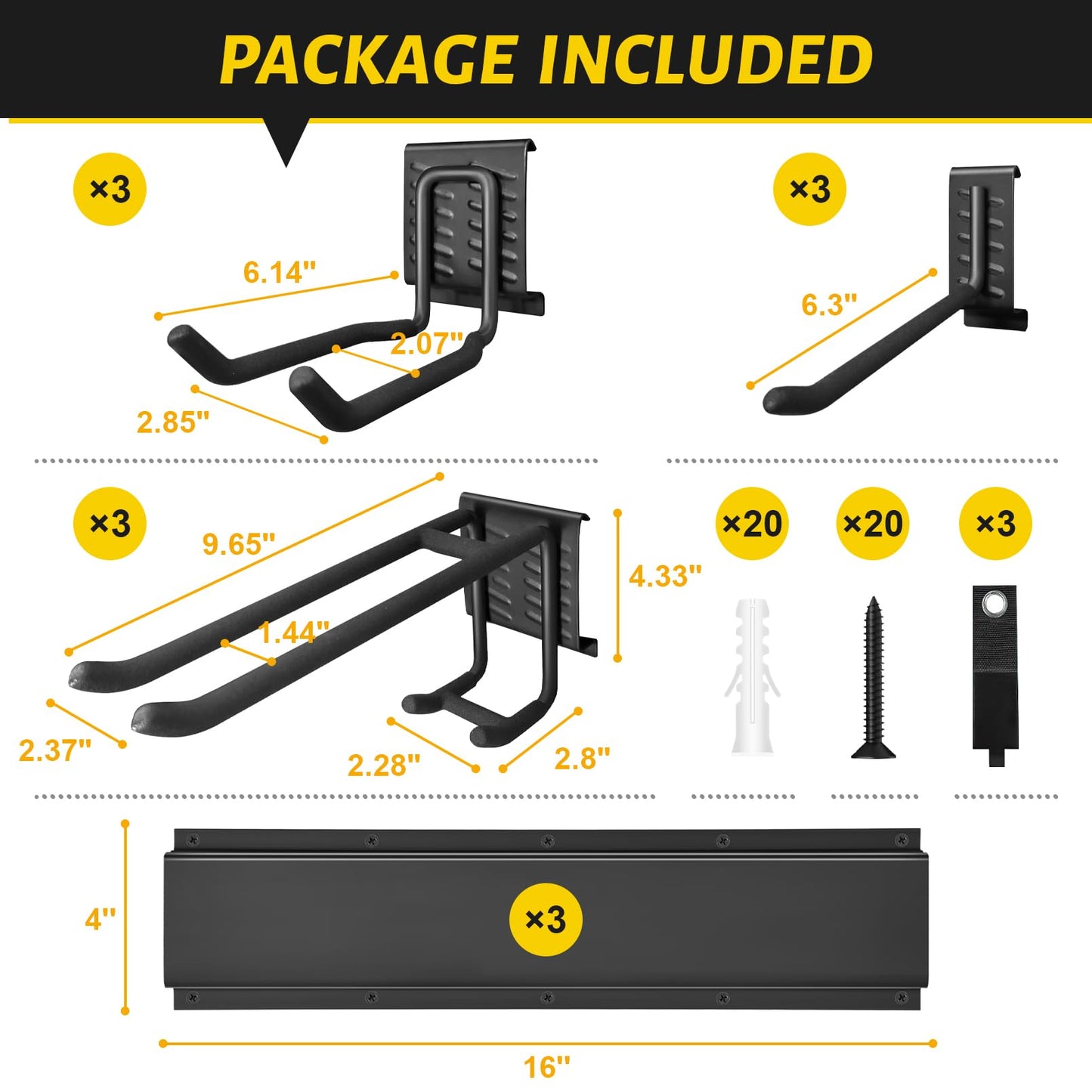 Garage Tool Organizer Wall Mount, 48 Inches Garden Garage Storage Organizer with Adjustable Hooks, Metal Garage Storage Rack Max Loading 440lbs, Tool Holder for Hanging Rake Broom Mop Snowboard