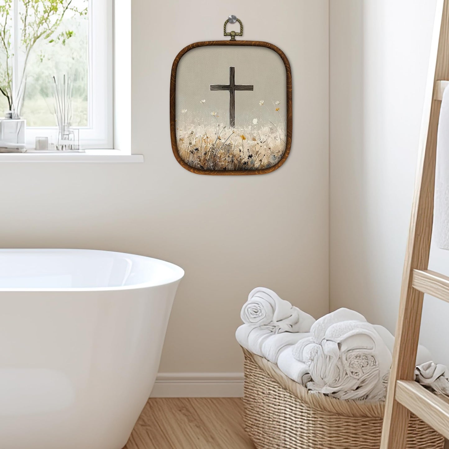 WULQYING Christian Crosses Religious Wall Art Decor, Minimalist Jesus Christian Faith Square Framed Canvas Art Prints, Field Landscape Wall Hanging Decor for Home Bedroom Church, 5.7x6.5 Inches