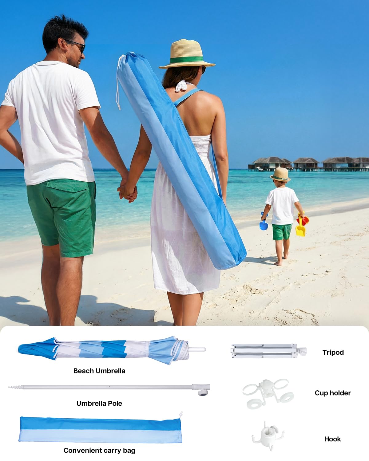 paramondo Portable Beach Umbrella with Cup Holder - 6.5FT Blue and White Striped Sun Umbrella, Adjustable Aluminum Alloy Pole, Windproof & UV Protection for Sand, Patio, and Backyard, Sea Rhythm
