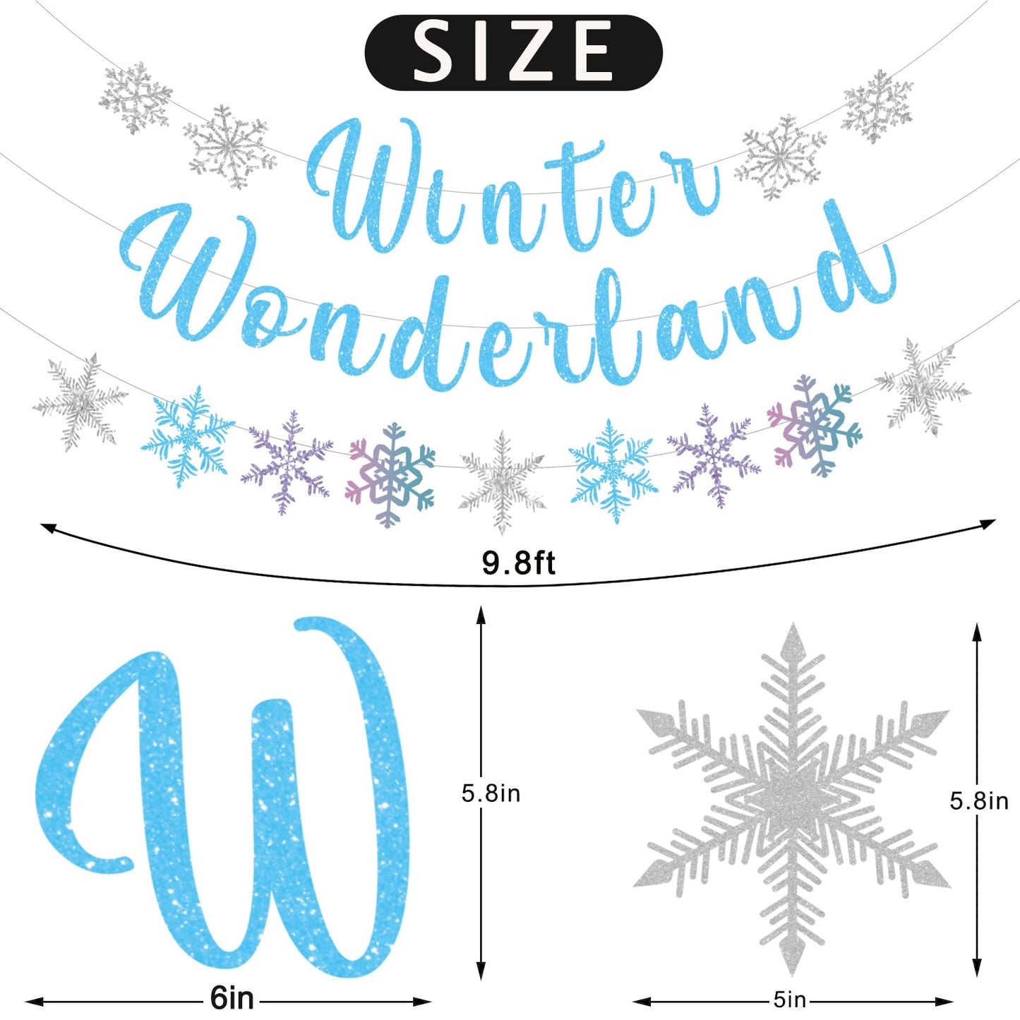 Pre-Strung Winter Wonderland Banner Glitter Snowflake Garland Christmas Decoration Banner for Home Wall Mantle Decor Winter Holiday New Year Party Supplies (Blue)