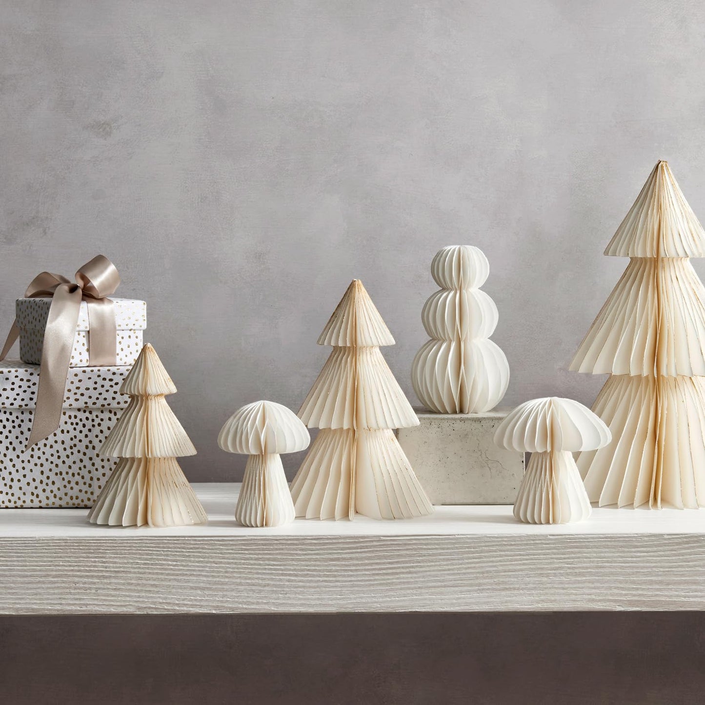 LampLust Paper Christmas Tree Decor, 2 Pack Honeycomb Paper Trees, 6 & 8 Inch, White & Gold Glitter Edge, Holiday Table Centerpieces, Christmas Table Decor, Winter Decorations