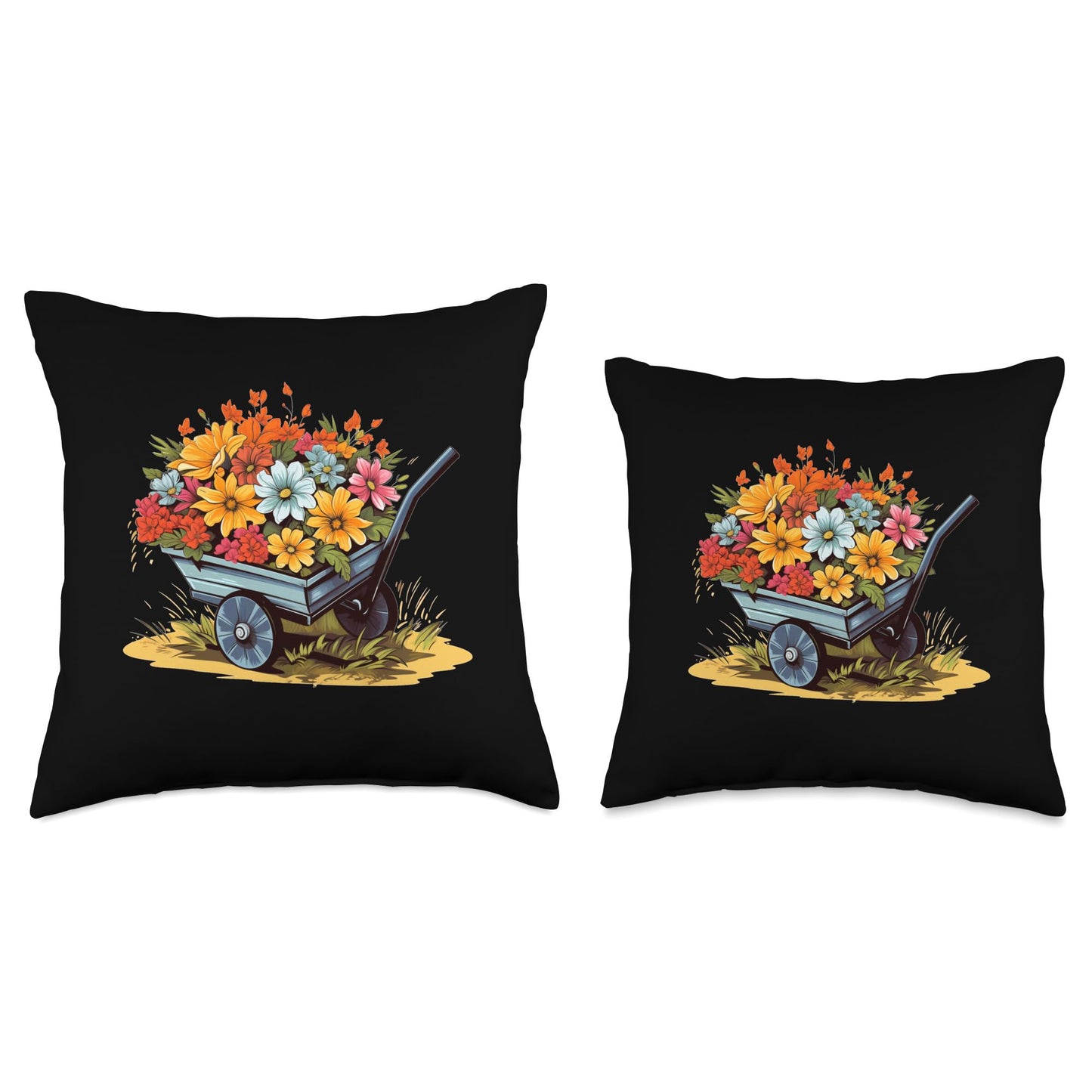 Funny Wheelbarrow Flowers Garden Cart with Flowers for Spring Season and Wheelbarrow Throw Pillow, 18x18, Multicolor