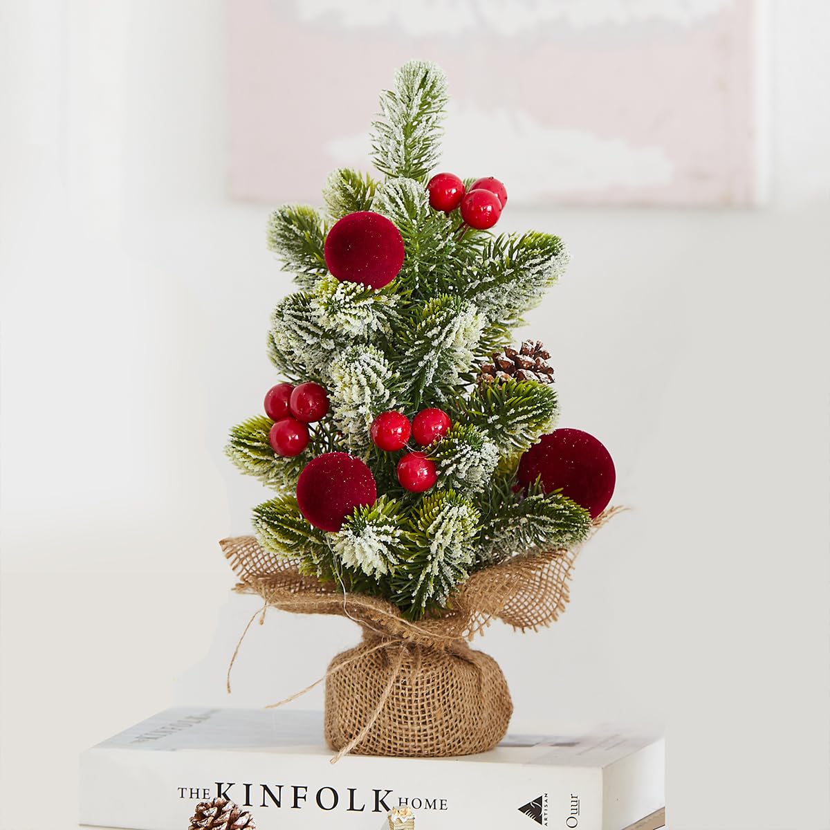 MYELLU Burlap Small Christmas Tree Decor with Lights - Mini Tabletop Artificial Tree Centerpiece for Indoor Home Office Desk Holiday Decorations(Red Ornament)