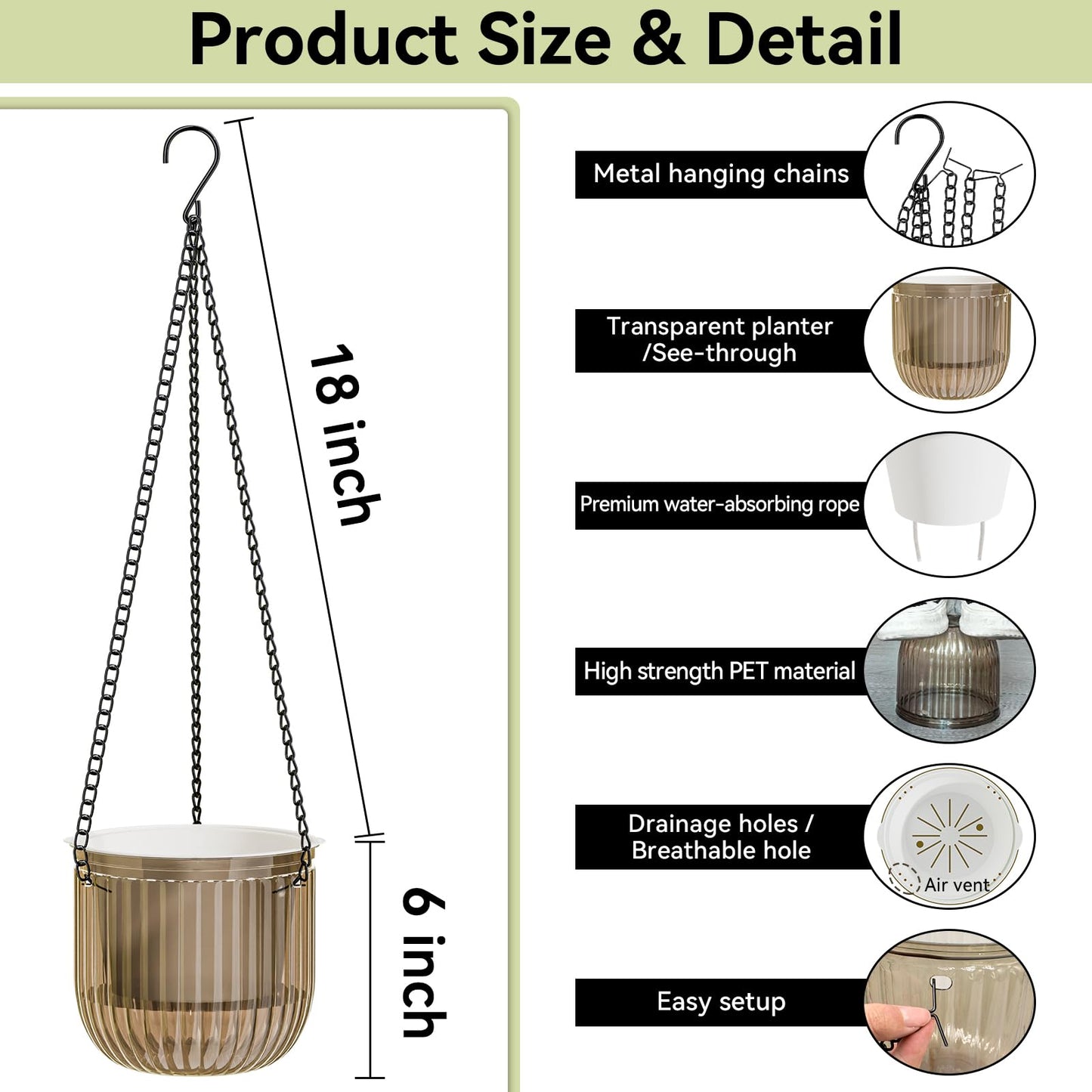 ZeeDix 3 Pack Self Watering Hanging Planters, 6.5 Inch Indoor Plant Pots with 3 Hooks Visible Water Level and Drainage for Home, Wall, Window Decor Outdoor Use(Starry Gray)