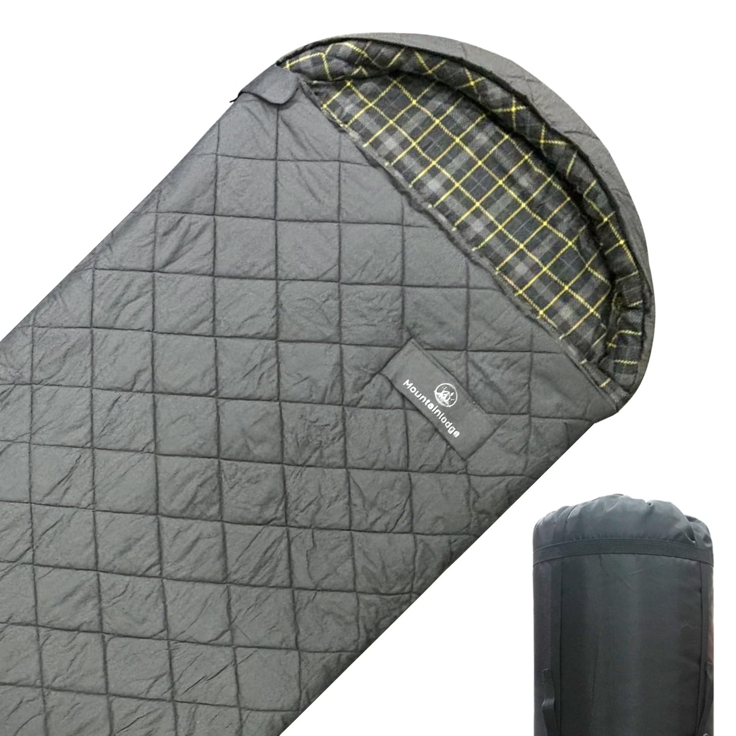 Mountainlodge 100% Cotton Shell and Lining Sleeping Bag for Adult Cold Weather with Compression Bag&Carry Bag for Camping,Travel and Car Camping (Little Grid Grey with Right Hand)